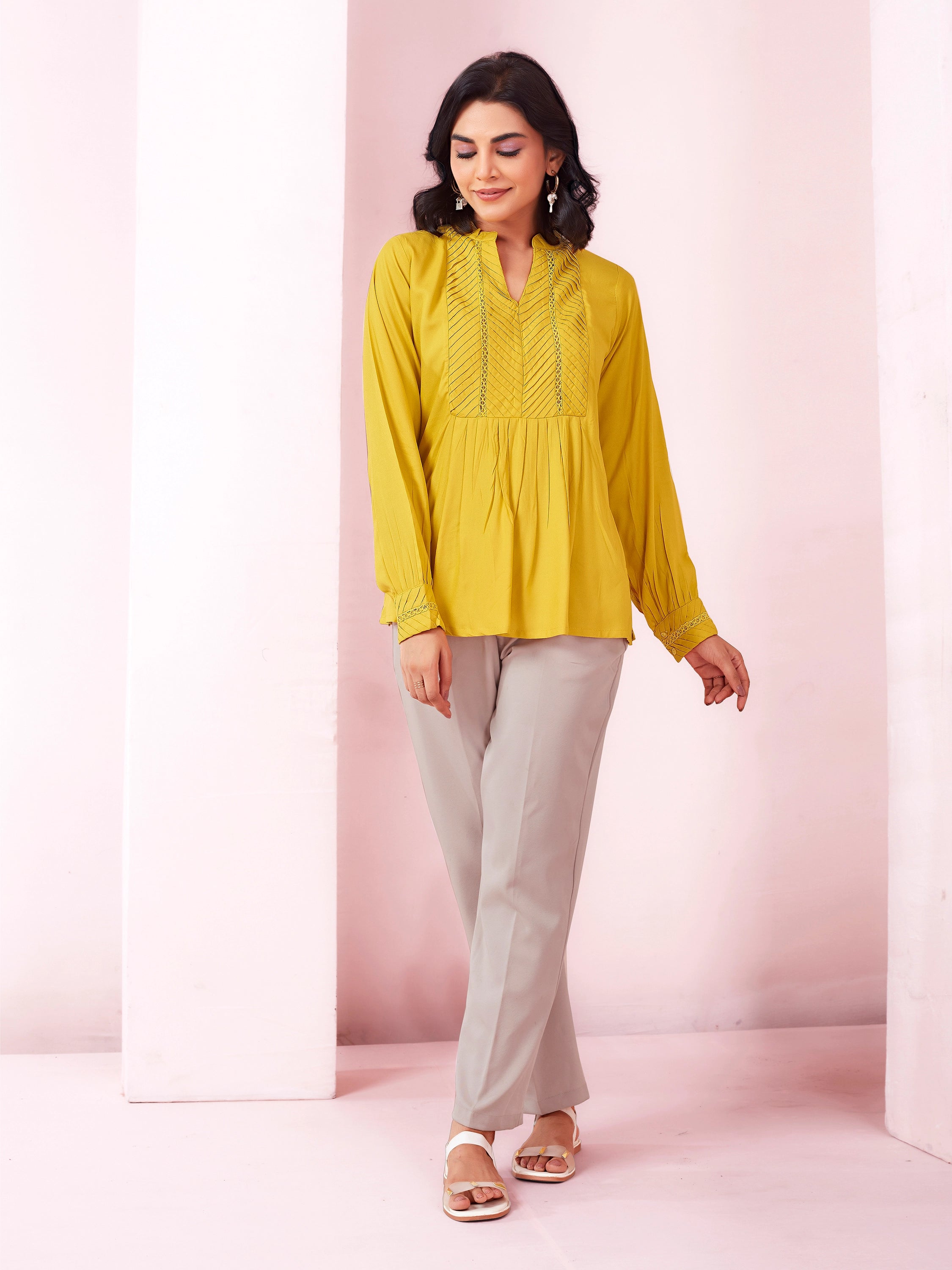 Solid Pleated Formal Full Sleeve Top- Yellow