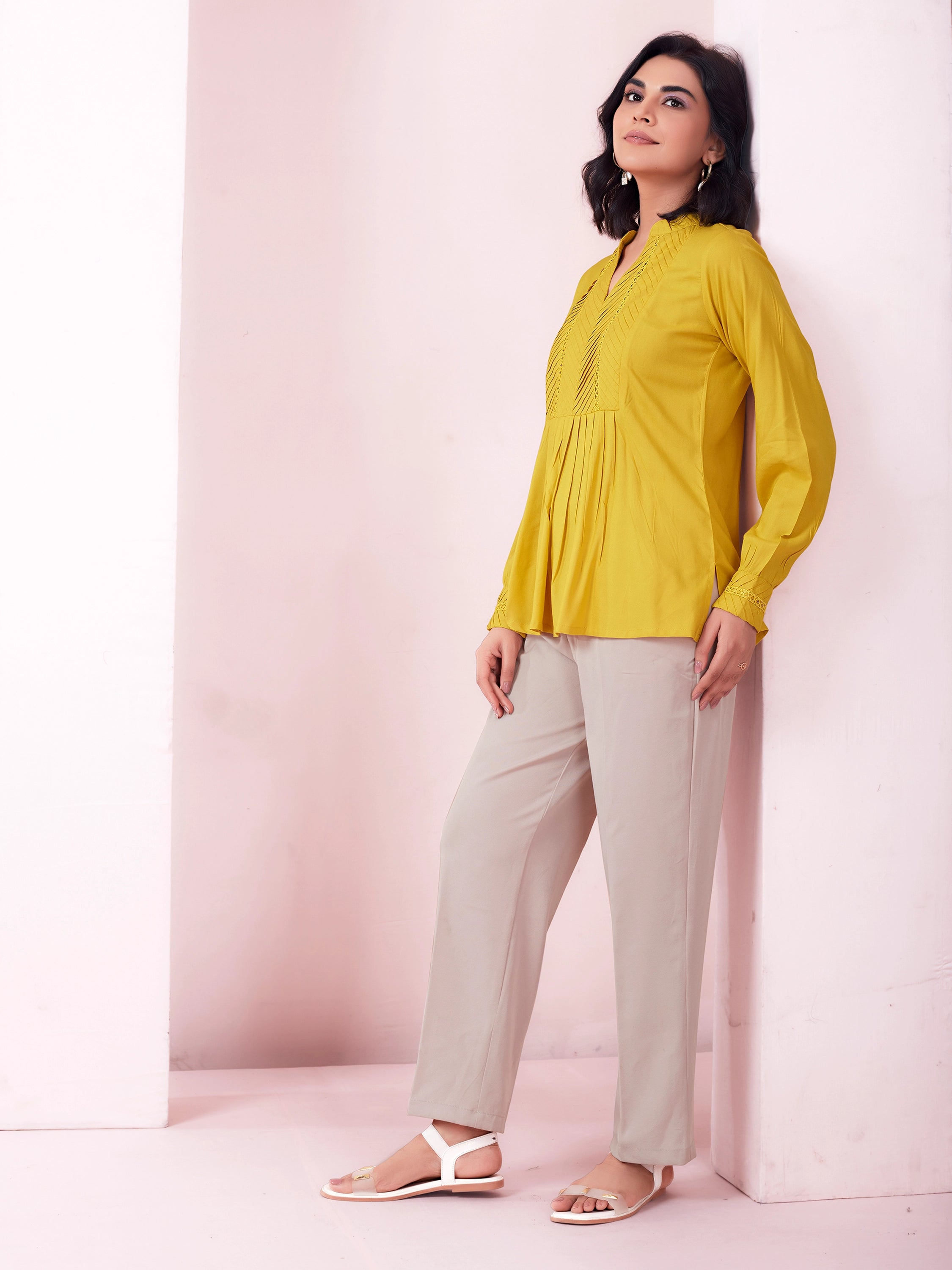 Solid Pleated Formal Full Sleeve Top- Yellow