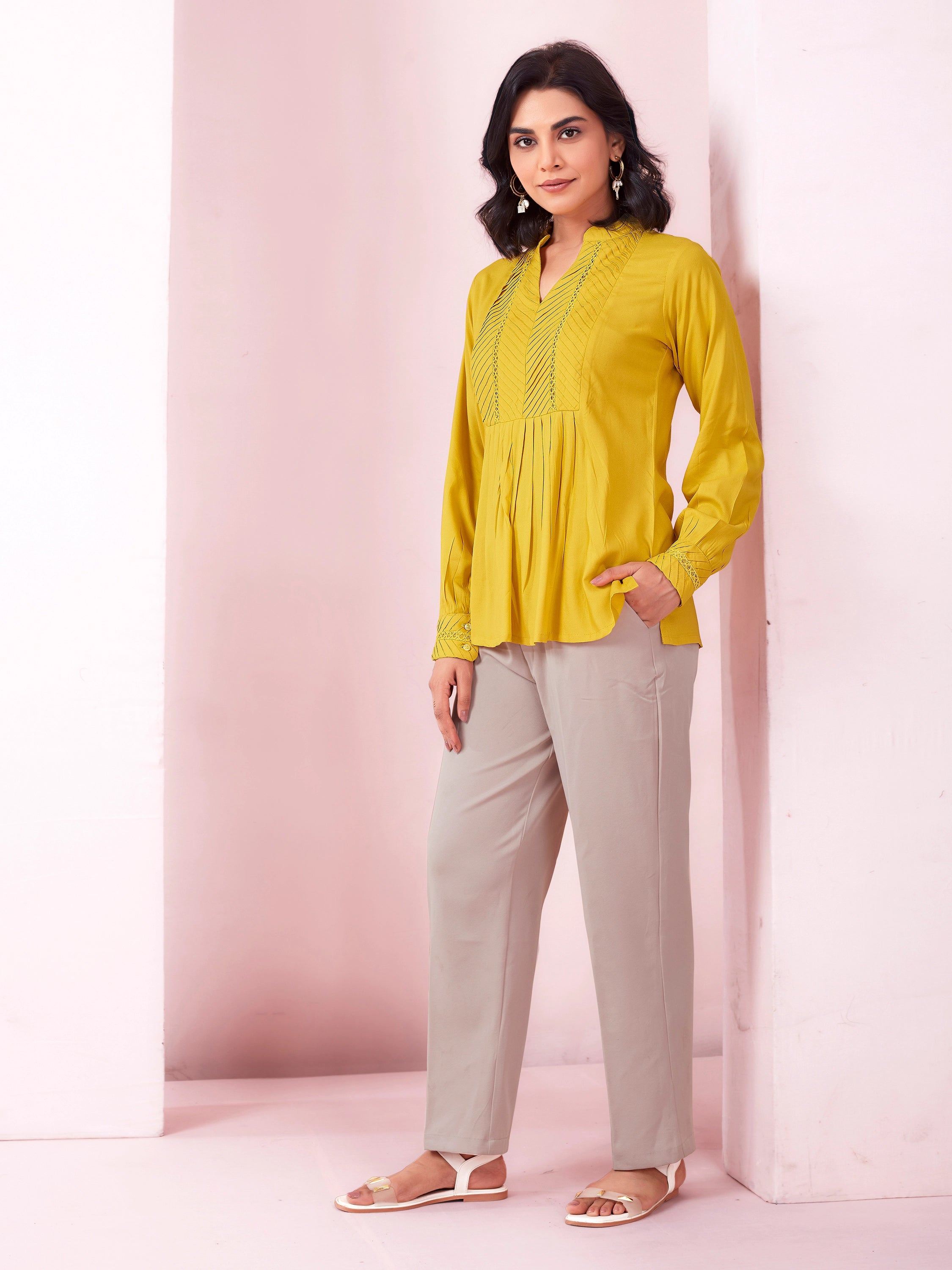 Solid Pleated Formal Full Sleeve Top- Yellow