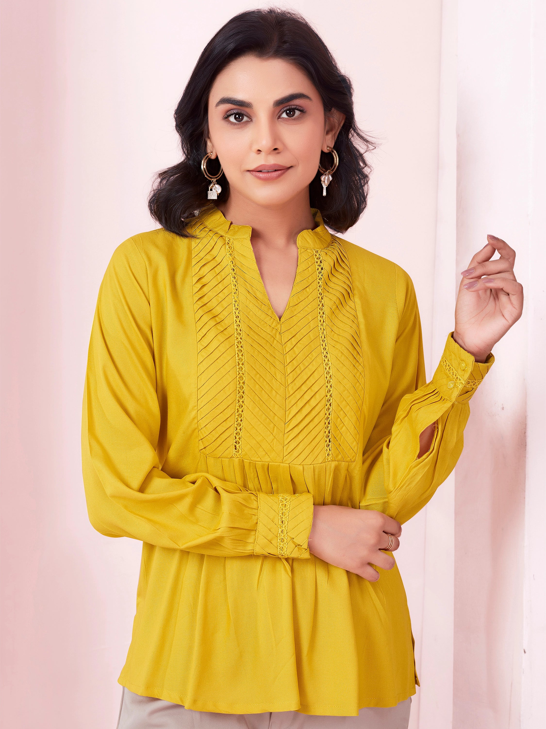 Solid Pleated Formal Full Sleeve Top- Yellow