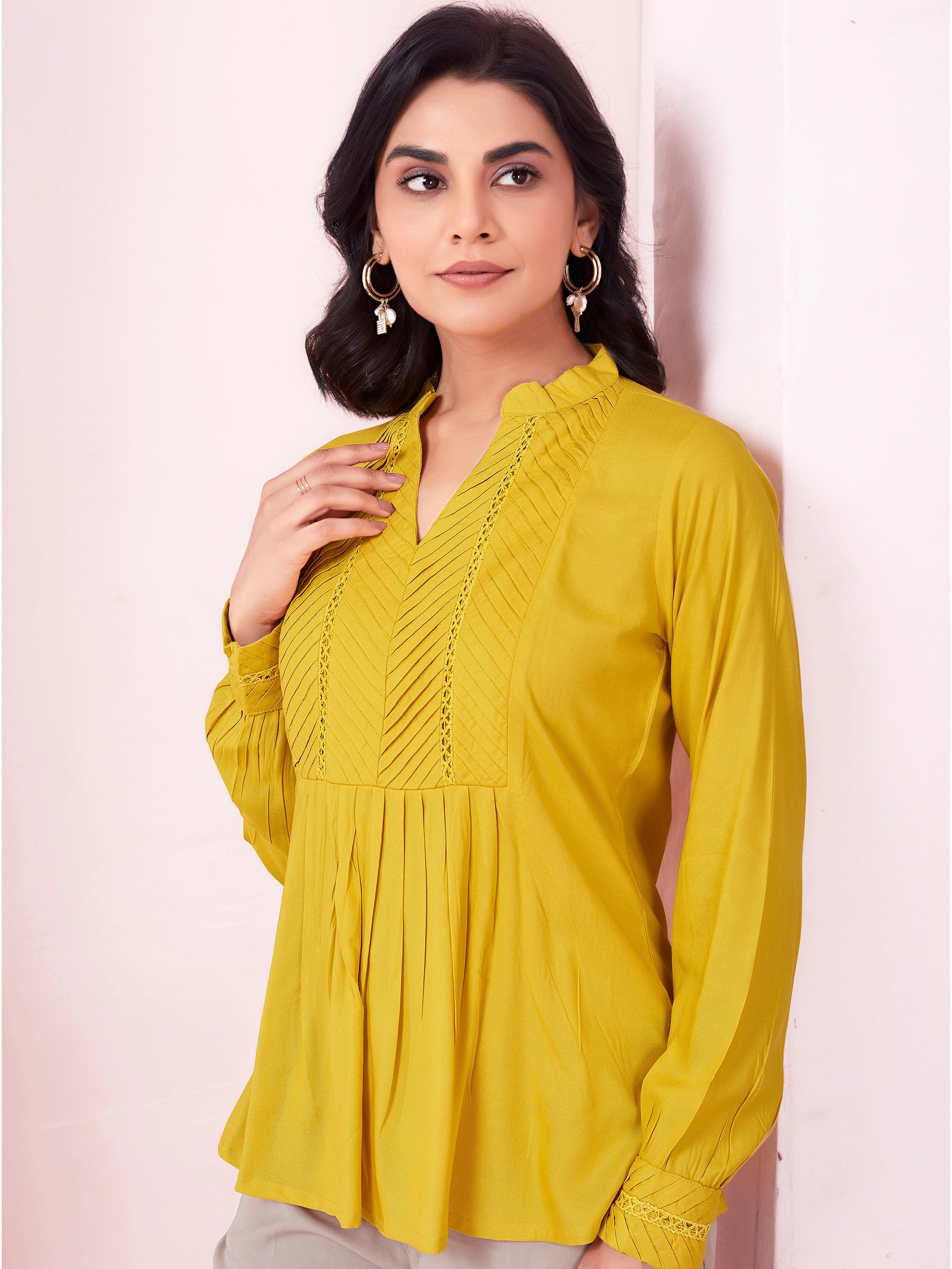 Solid Pleated Formal Full Sleeve Top- Yellow