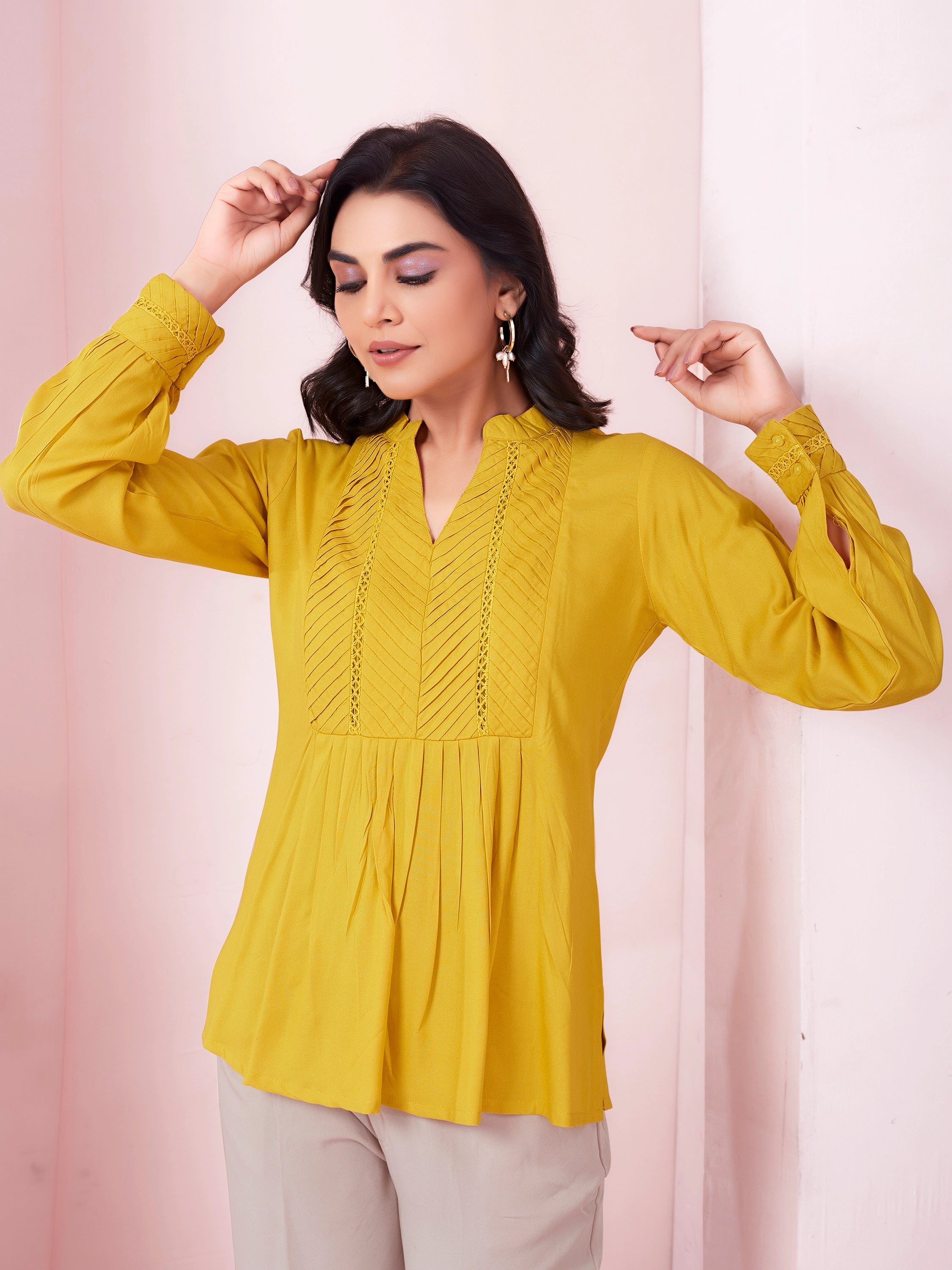 Solid Pleated Formal Full Sleeve Top- Yellow