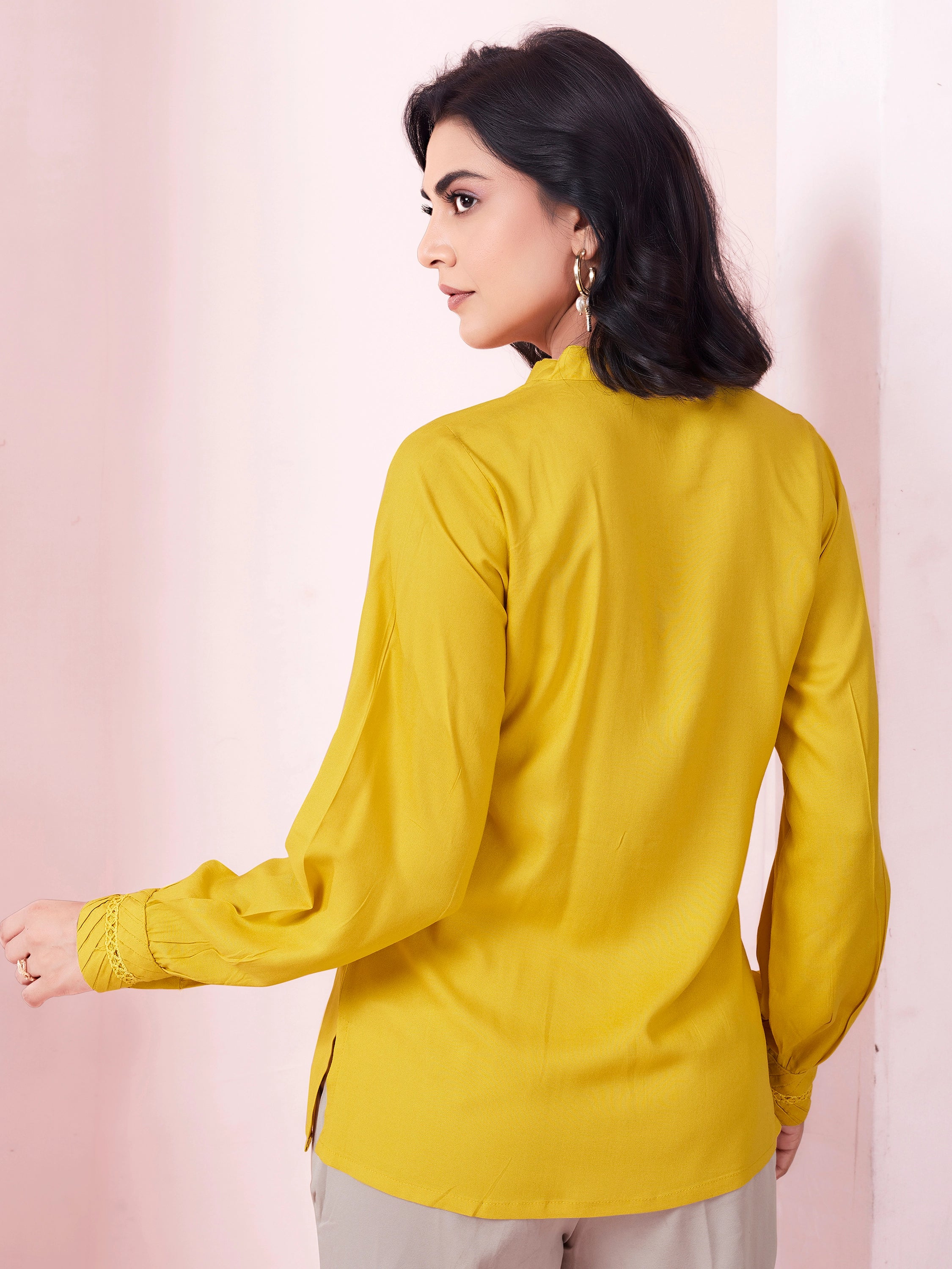 Solid Pleated Formal Full Sleeve Top- Yellow