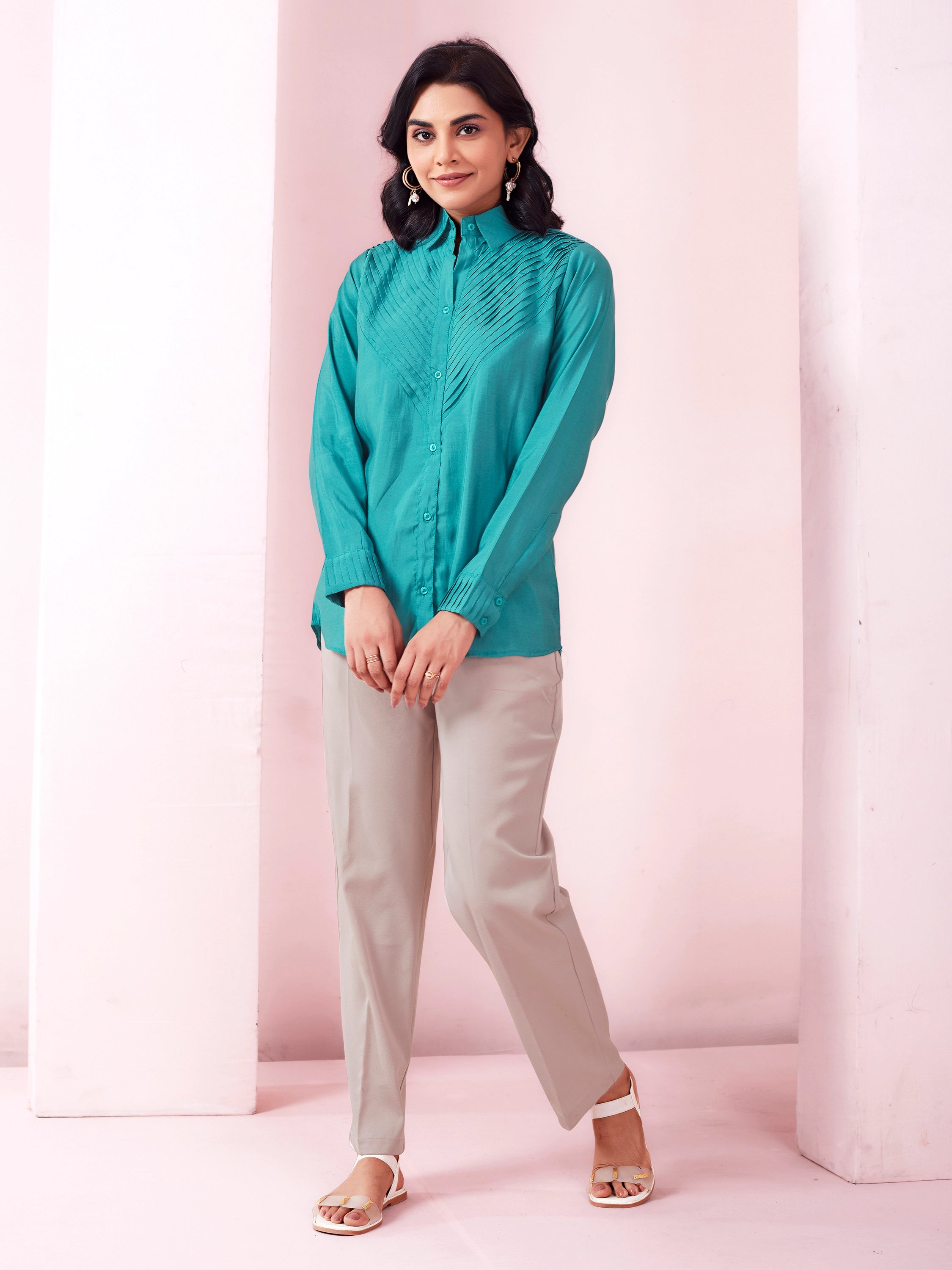 Solid Pleated Classy Look Shirt - Aqua Blue