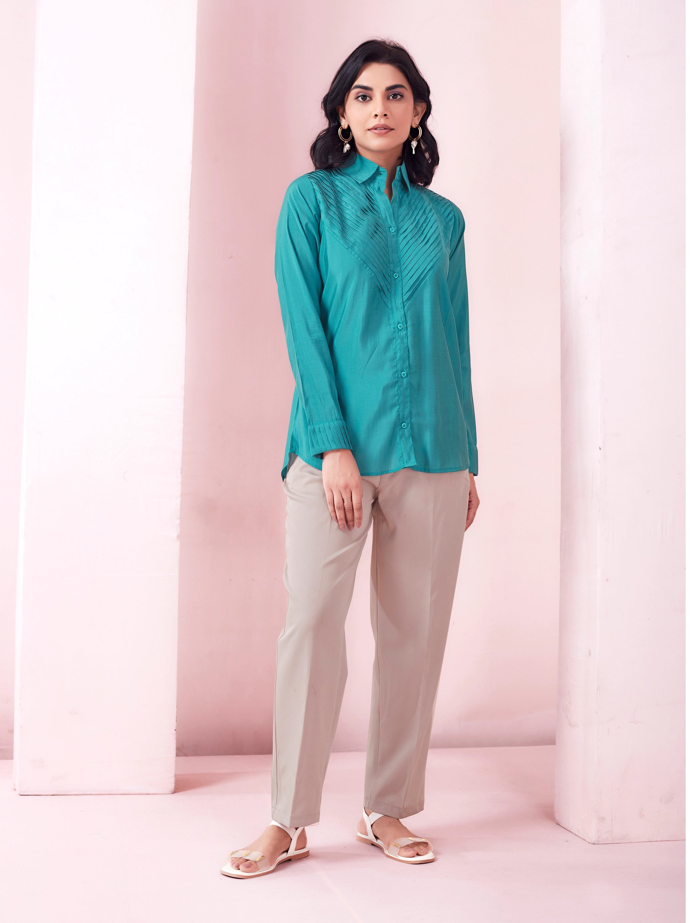 Solid Pleated Classy Look Shirt - Aqua Blue