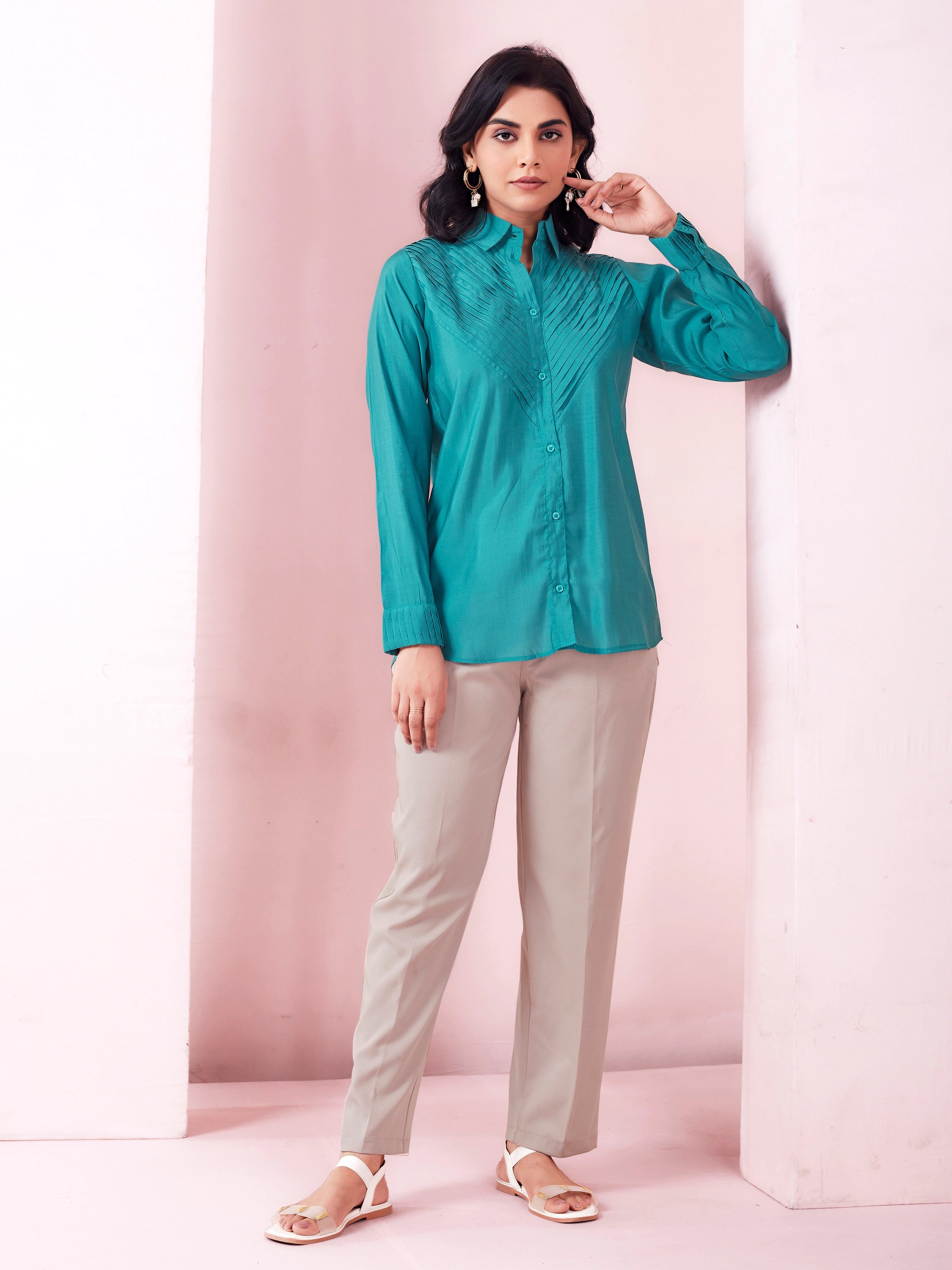 Solid Pleated Classy Look Shirt - Aqua Blue