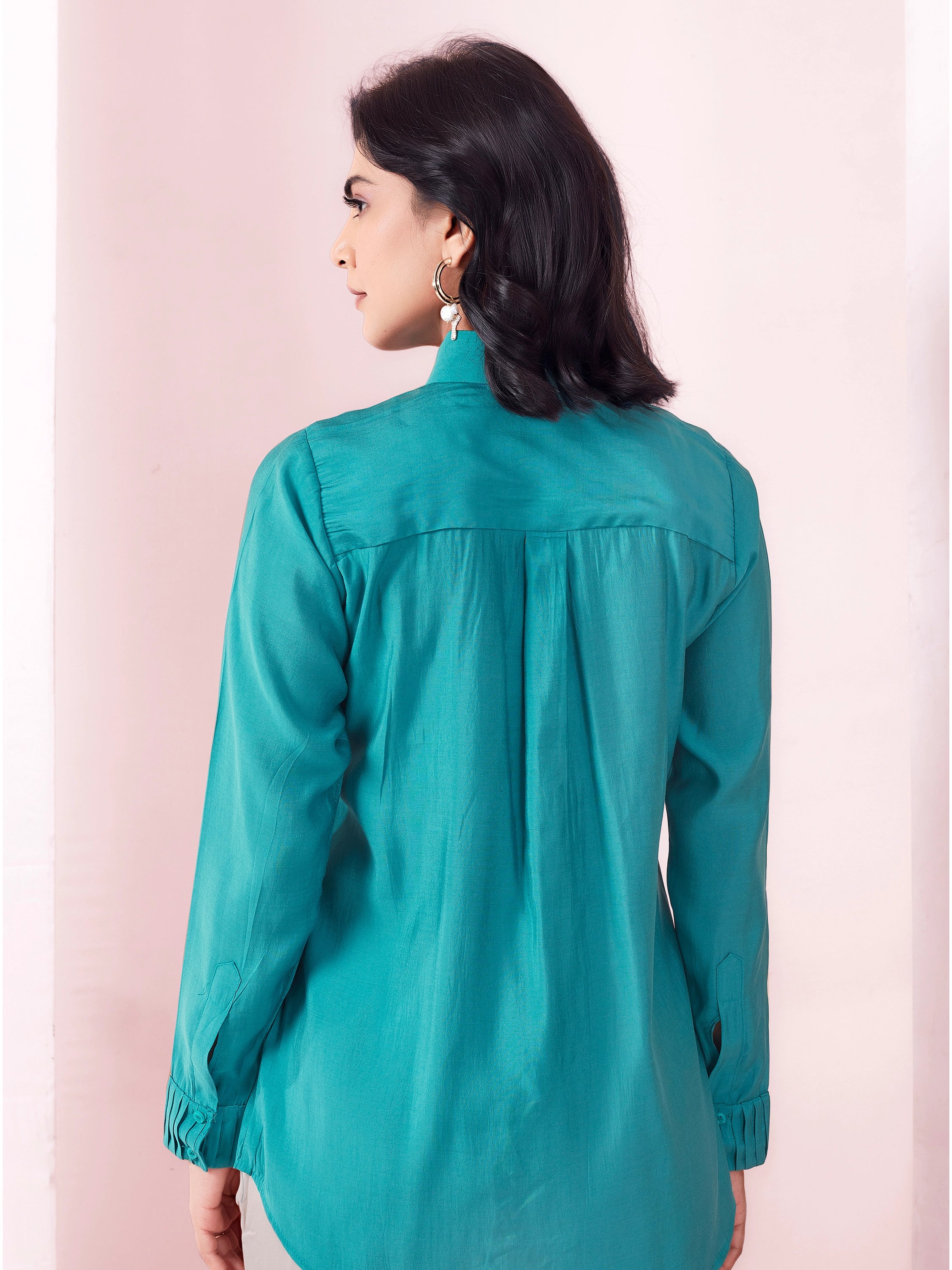 Solid Pleated Classy Look Shirt - Aqua Blue