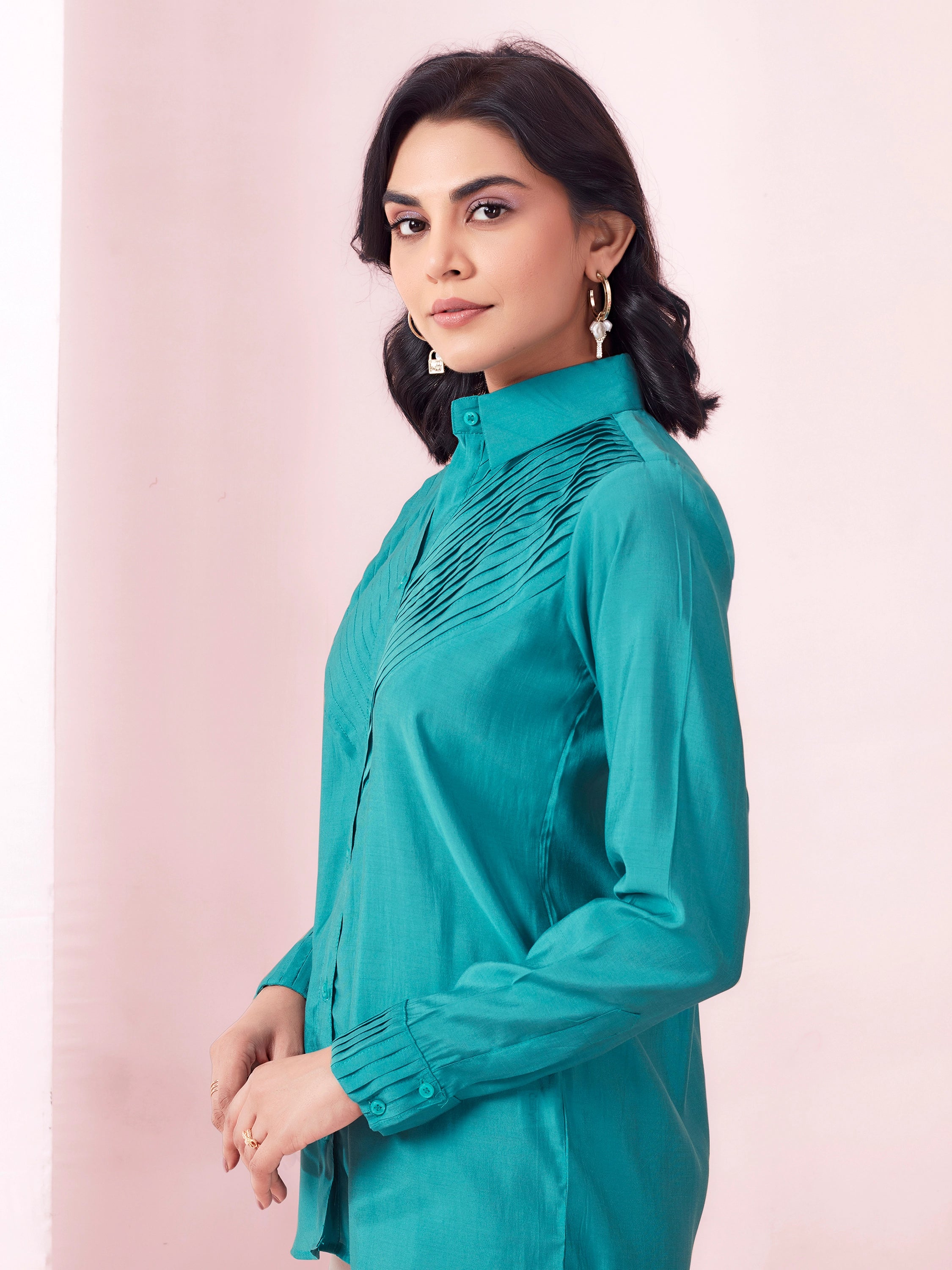 Solid Pleated Classy Look Shirt - Aqua Blue