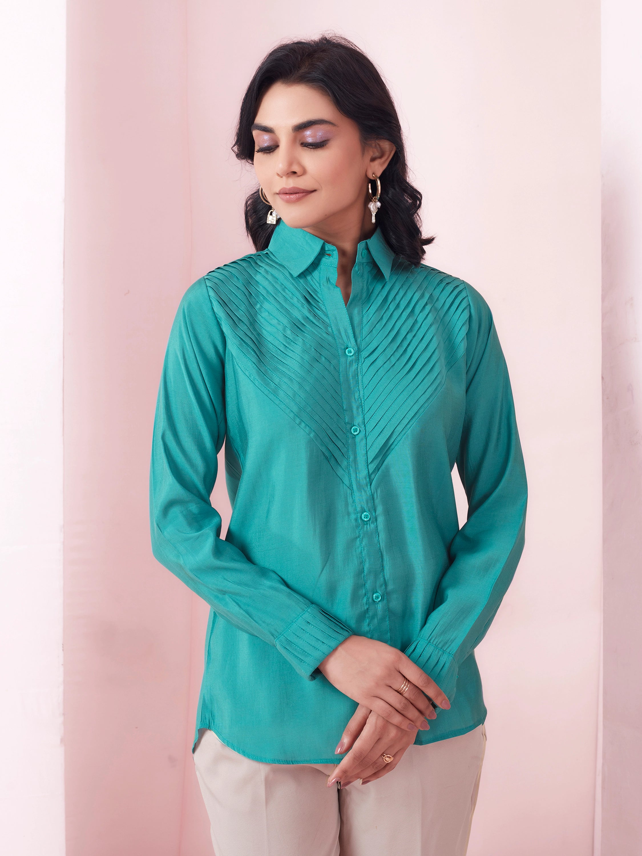 Solid Pleated Classy Look Shirt - Aqua Blue