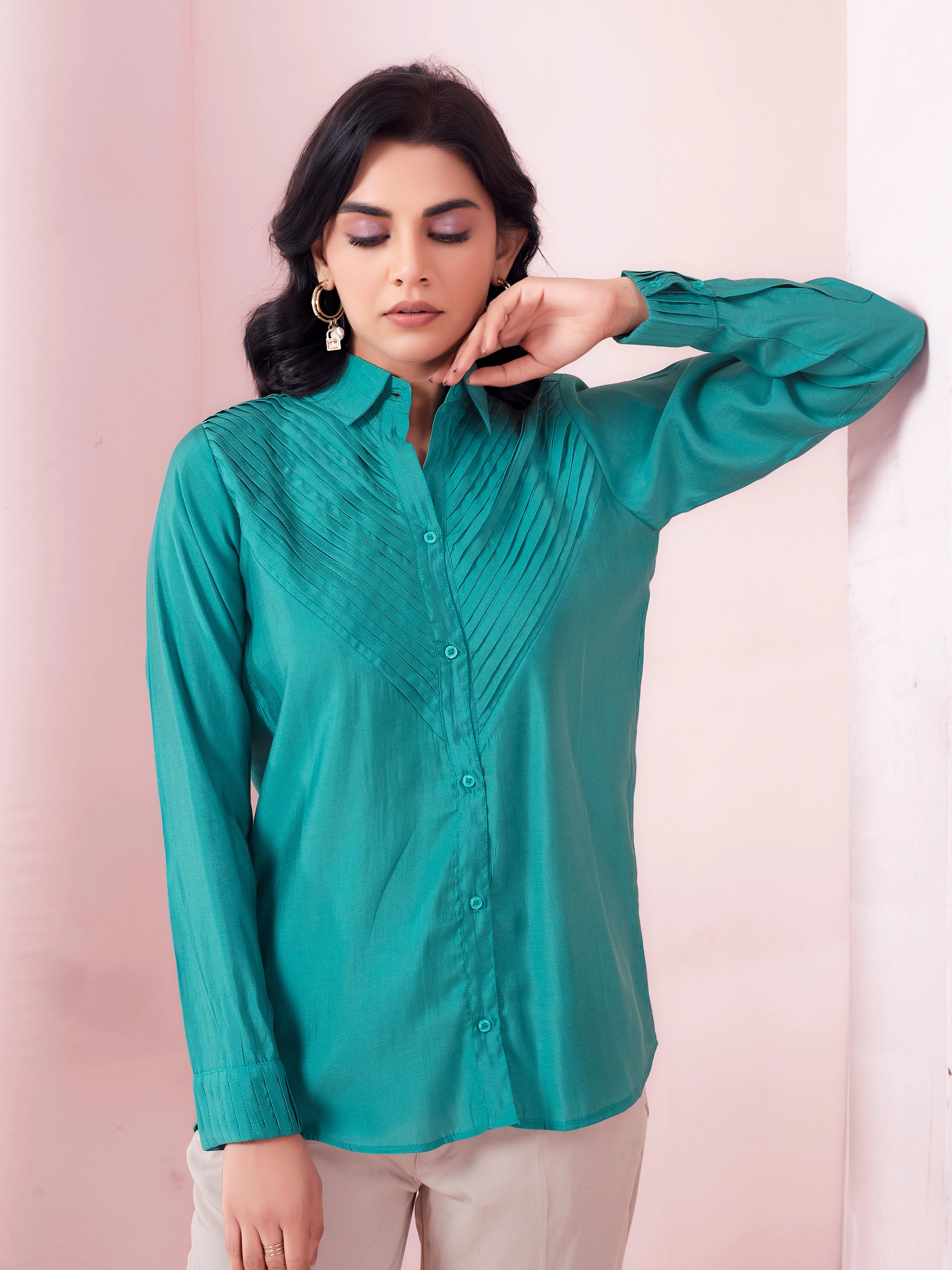 Solid Pleated Classy Look Shirt - Aqua Blue