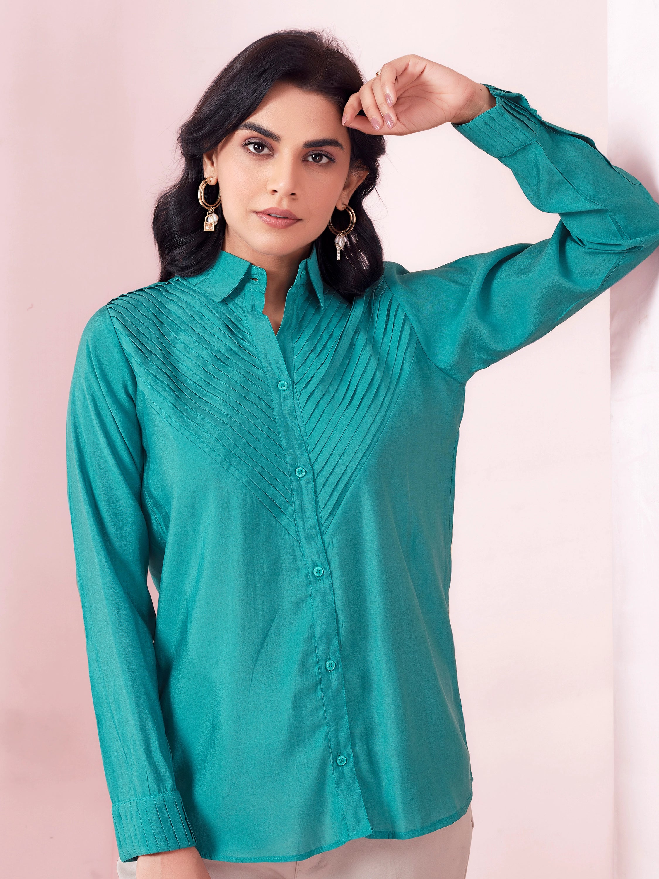 Solid Pleated Classy Look Shirt - Aqua Blue