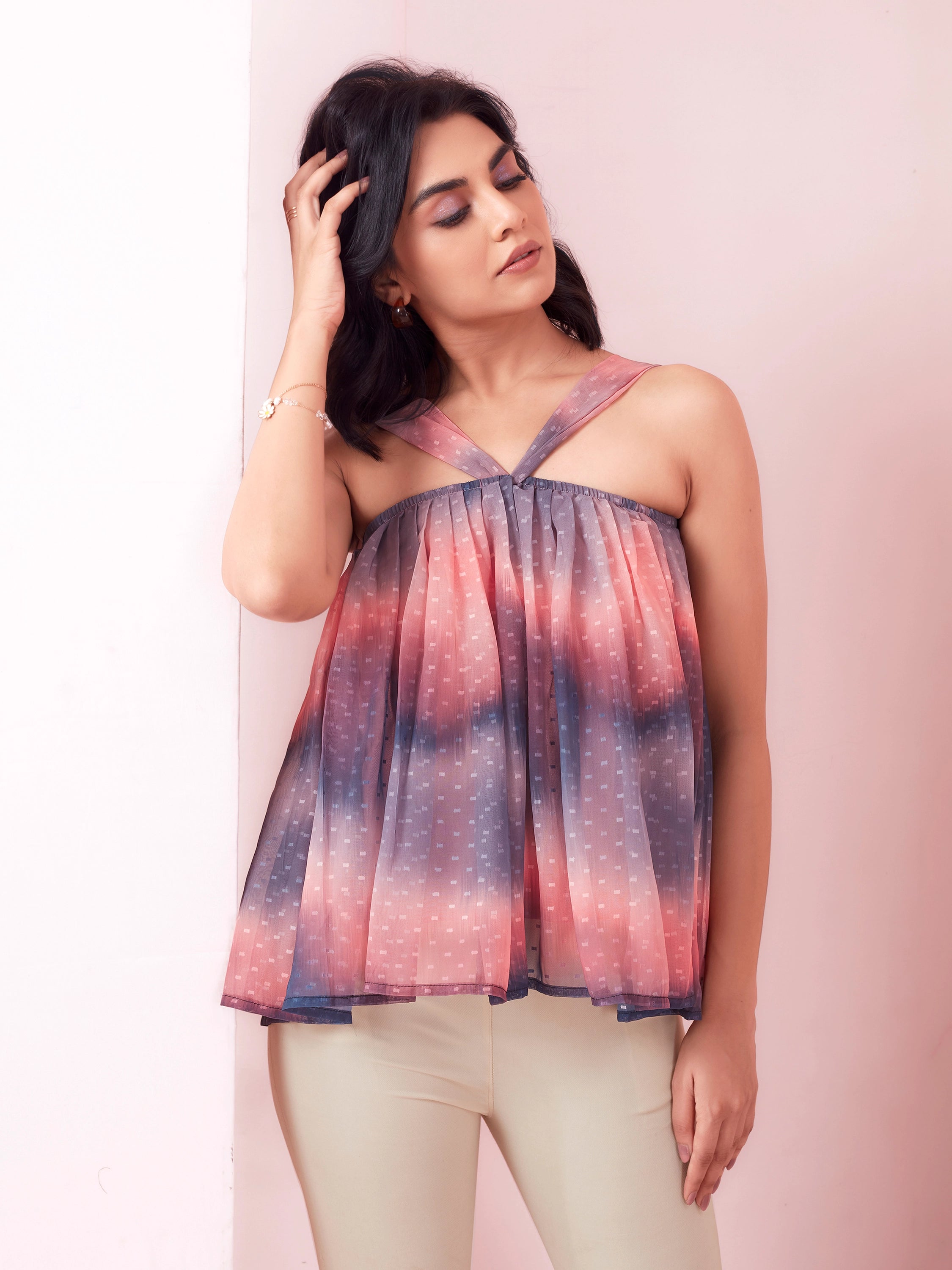 Ombre Printed Casual Wear Halter Neck Top