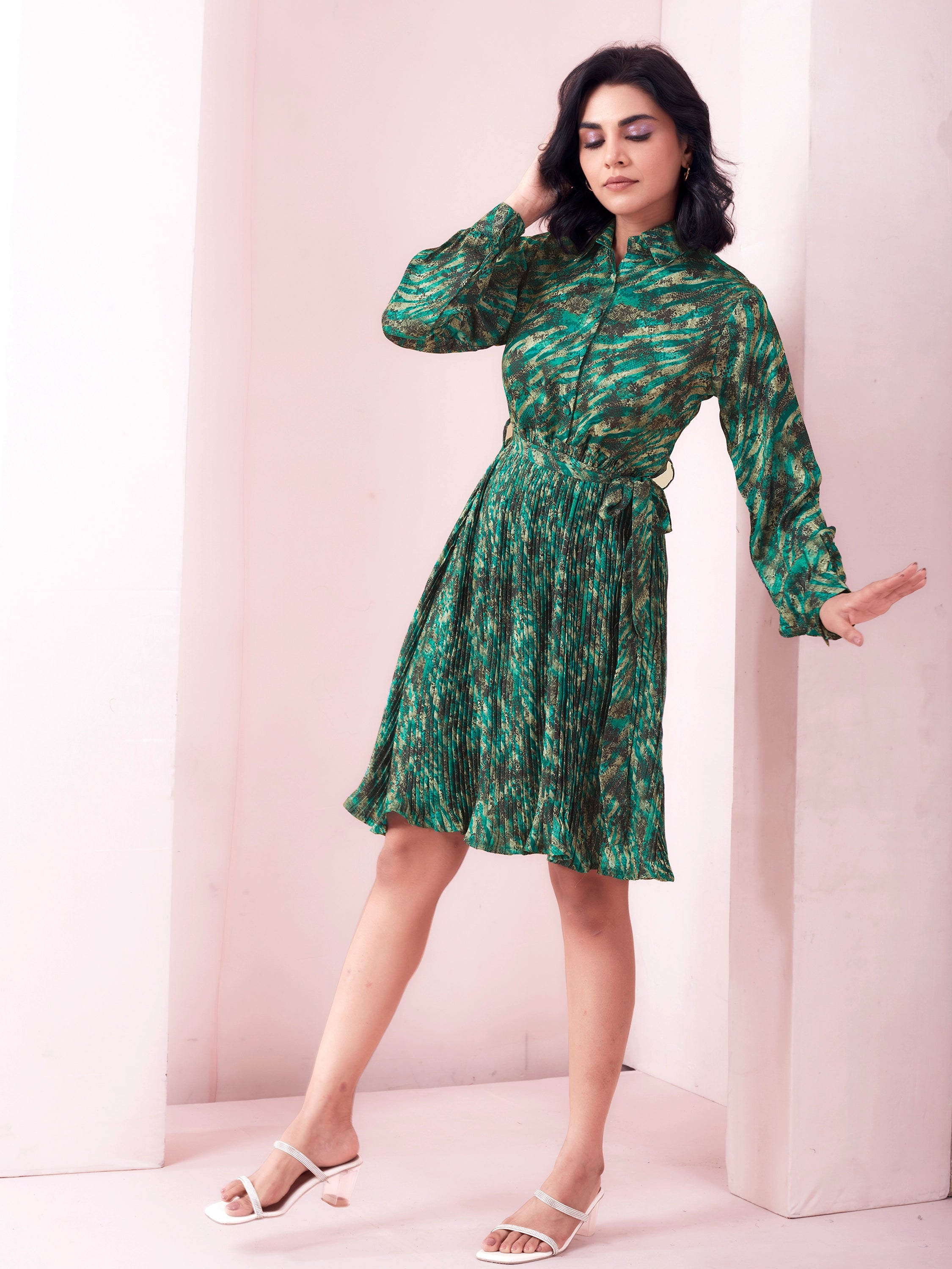 Animal Printed Satin Half Shirt Midi Dress With Belt - Teal Green