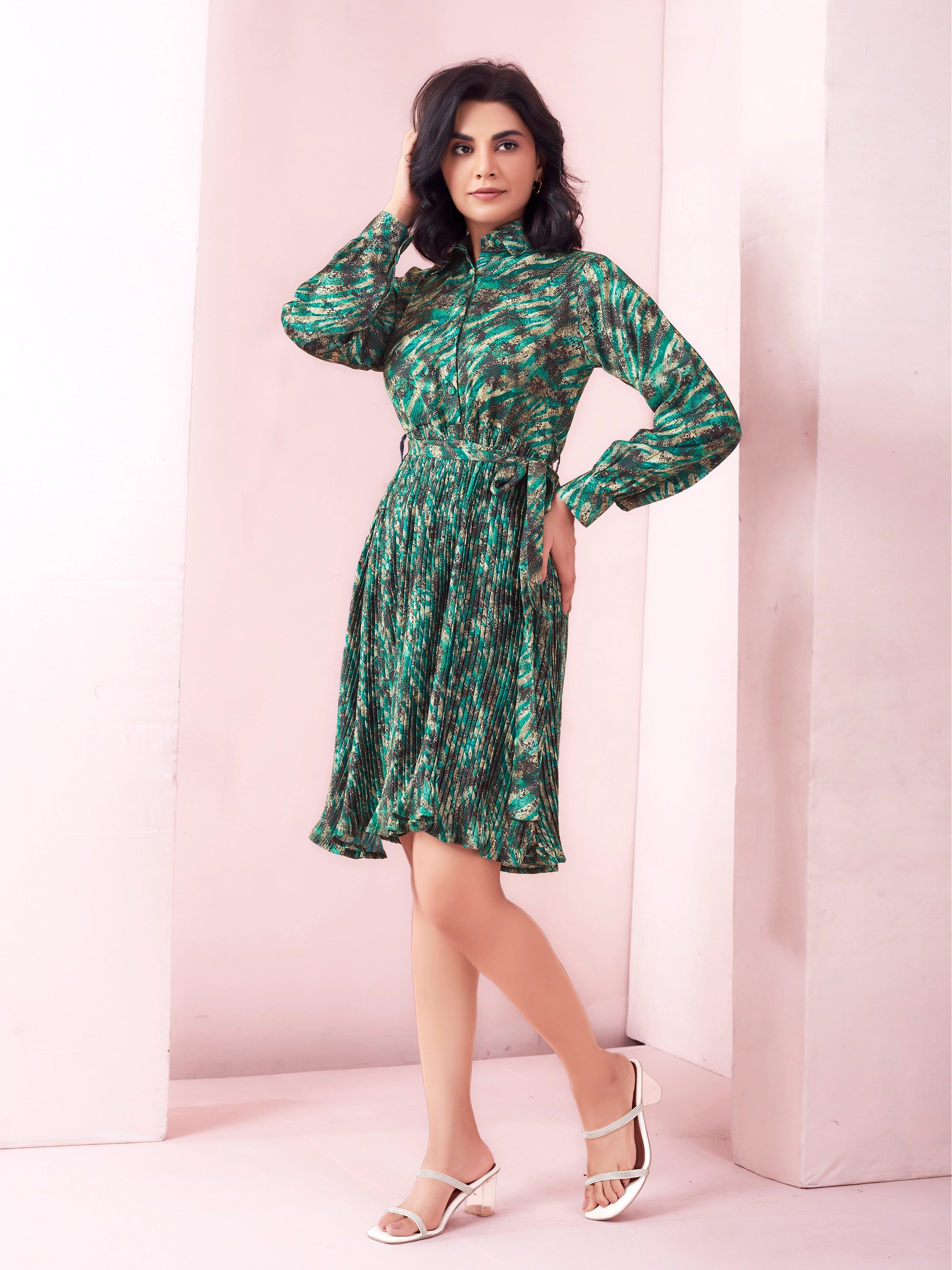 Animal Printed Satin Half Shirt Midi Dress With Belt - Teal Green