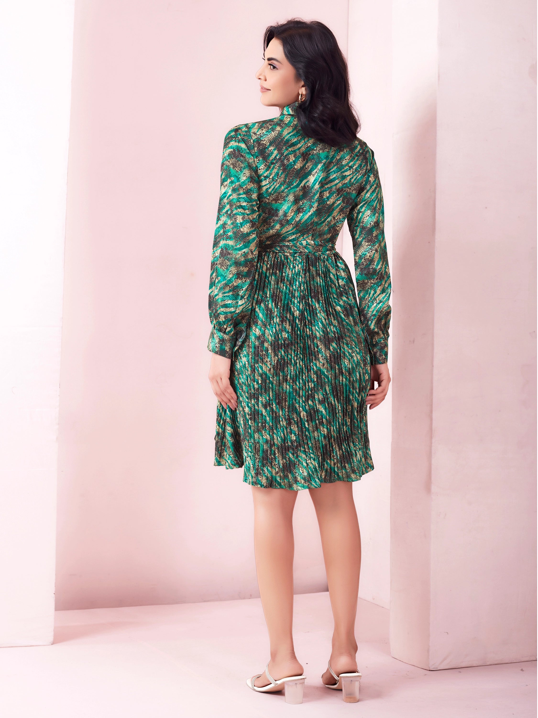 Animal Printed Satin Half Shirt Midi Dress With Belt - Teal Green