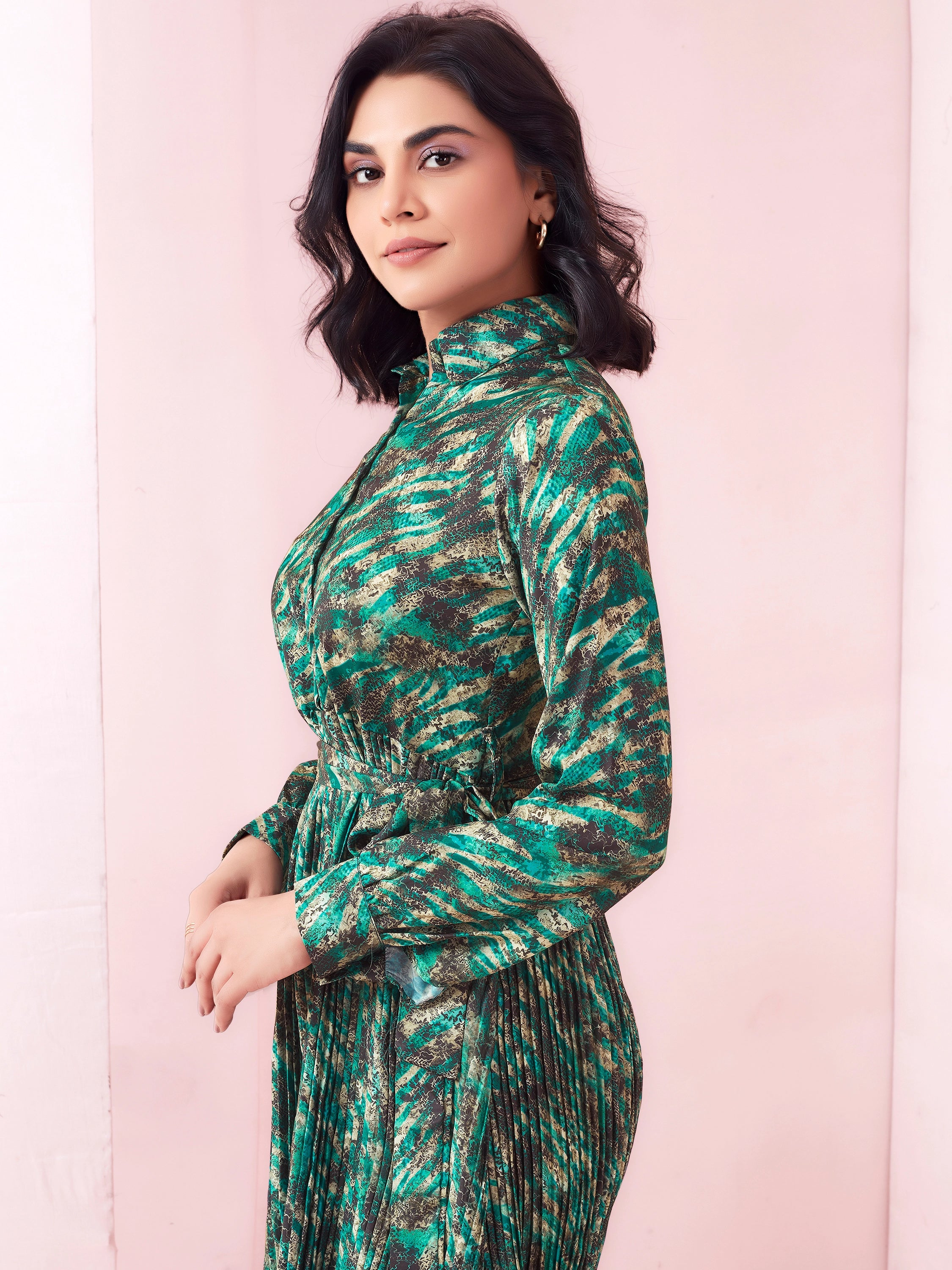 Animal Printed Satin Half Shirt Midi Dress With Belt - Teal Green