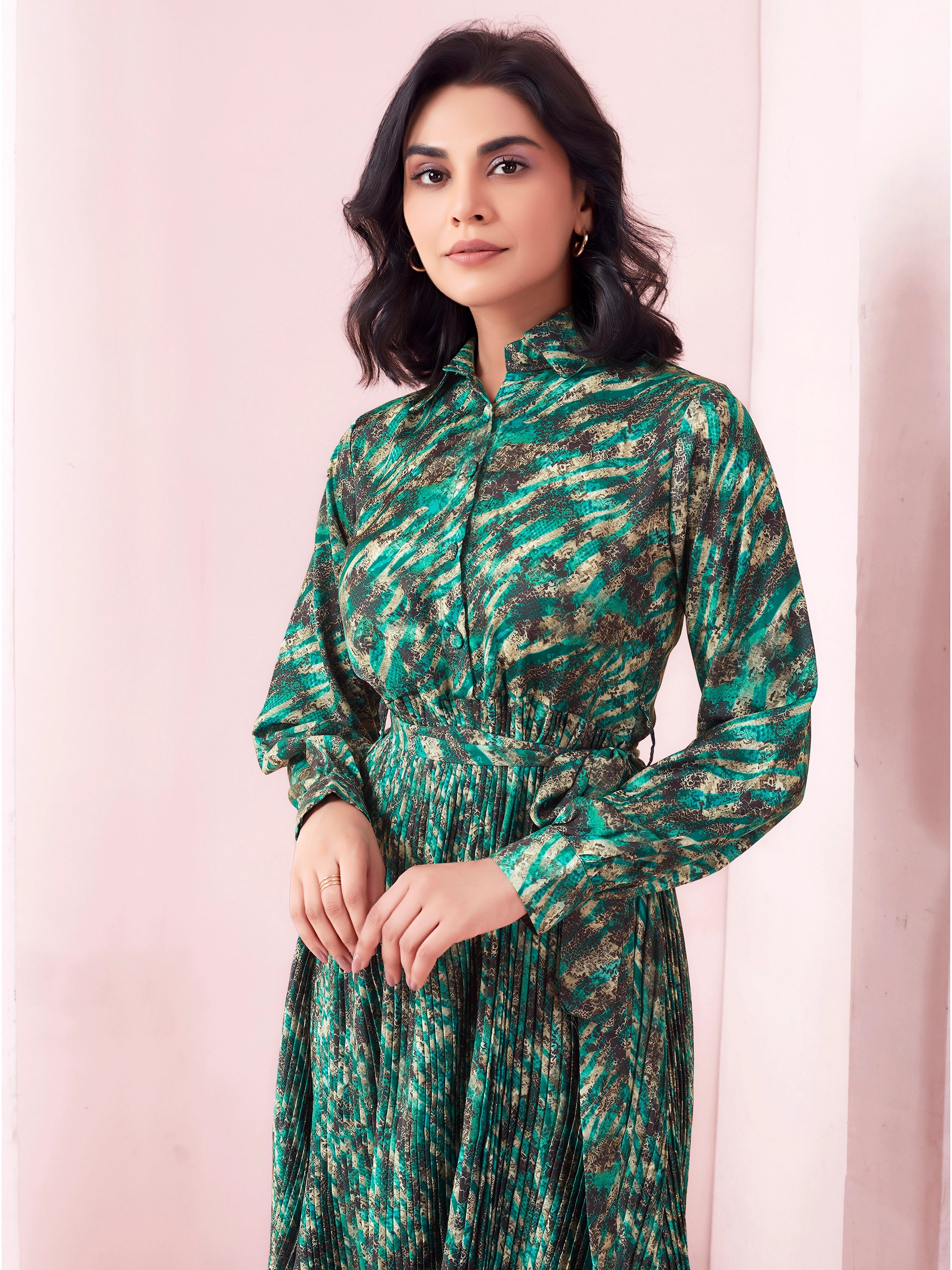 Animal Printed Satin Half Shirt Midi Dress With Belt - Teal Green