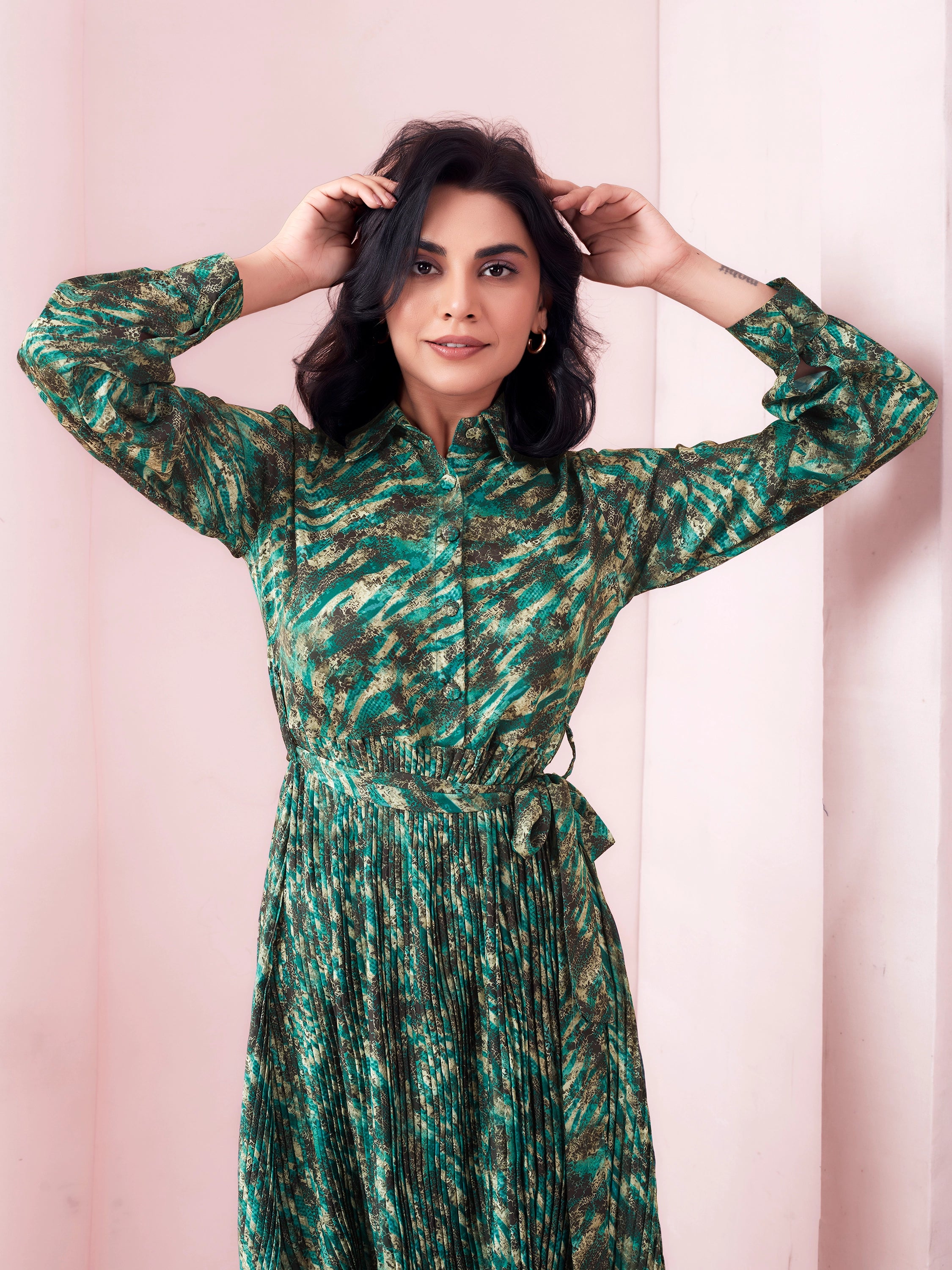 Animal Printed Satin Half Shirt Midi Dress With Belt - Teal Green