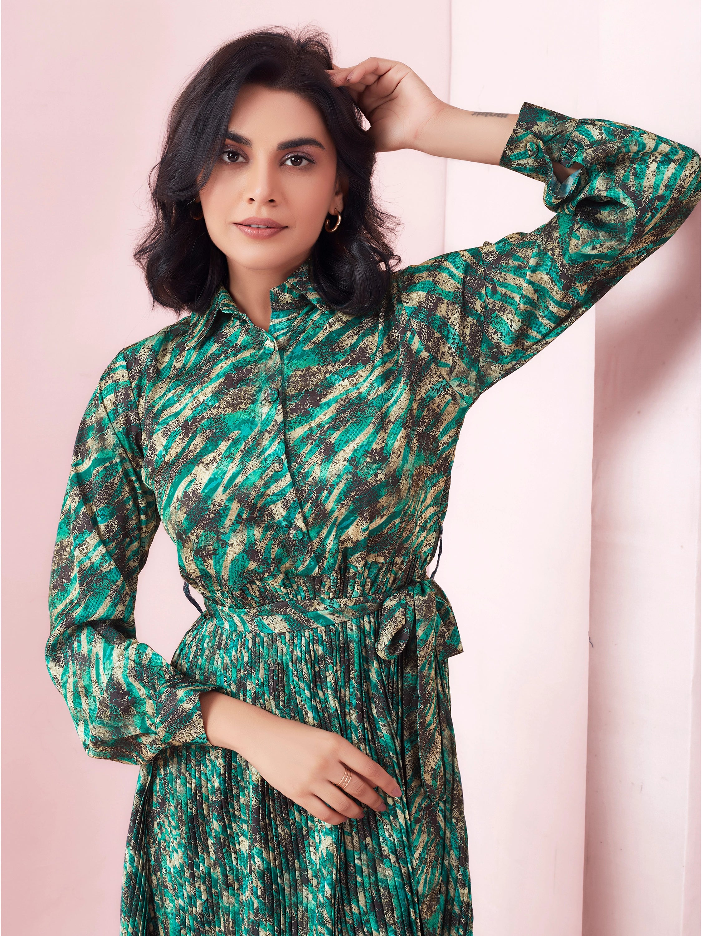 Animal Printed Satin Half Shirt Midi Dress With Belt - Teal Green