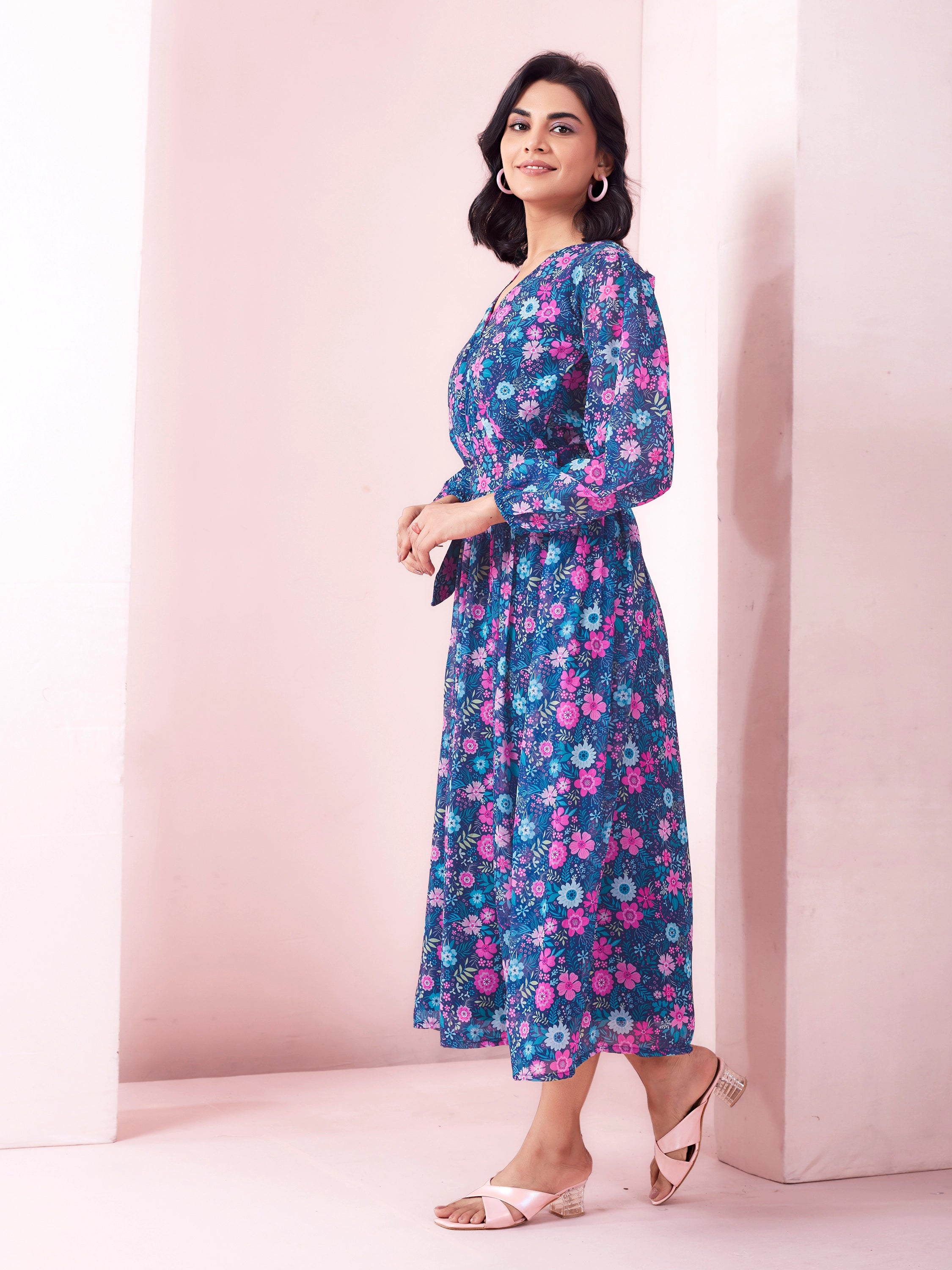 Blue Floral Printed Wrap A-Line Maxi Dress