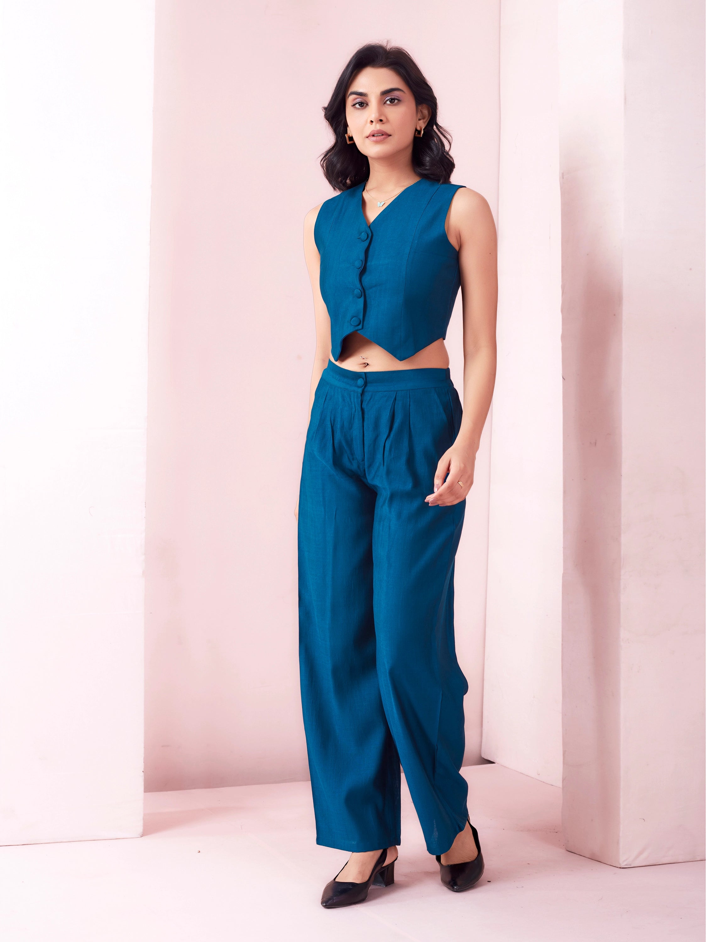 Navy Blue Cropped Waistcoat And Trousers Co-ord Set