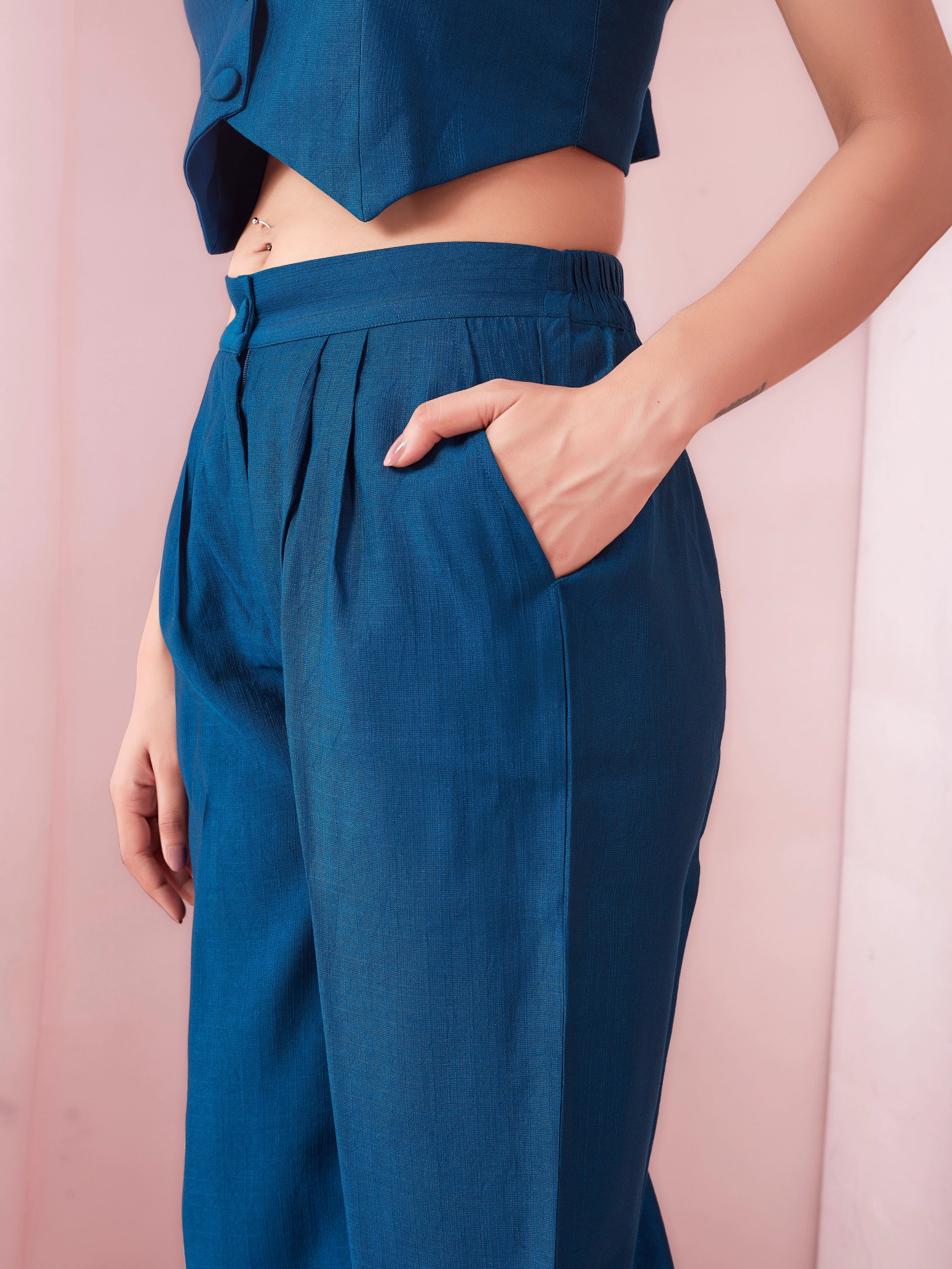 Centre Stage Women Navy Blue Solid Wide Leg Trouser