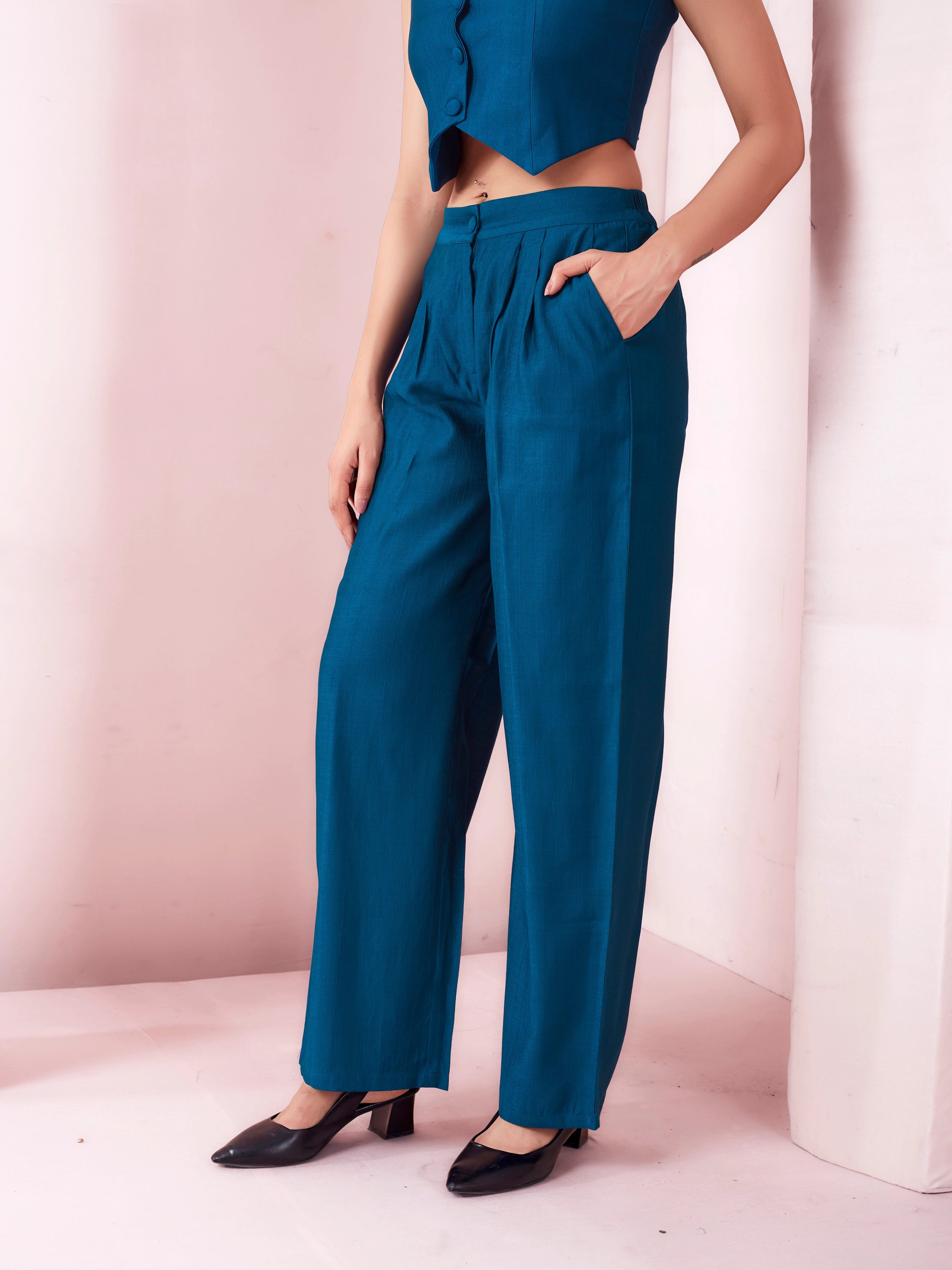 Centre Stage Women Navy Blue Solid Wide Leg Trouser