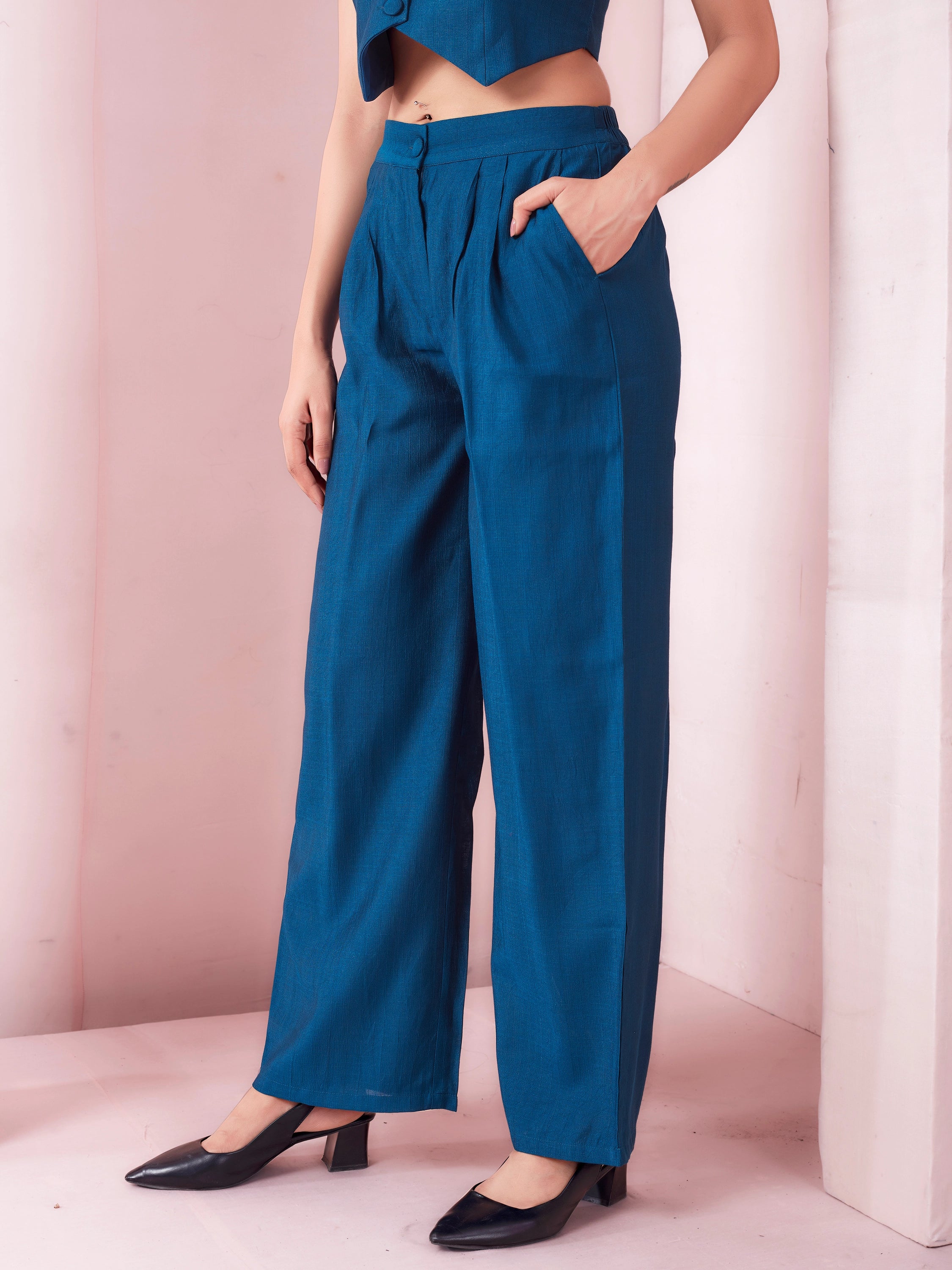 Centre Stage Women Navy Blue Solid Wide Leg Trouser