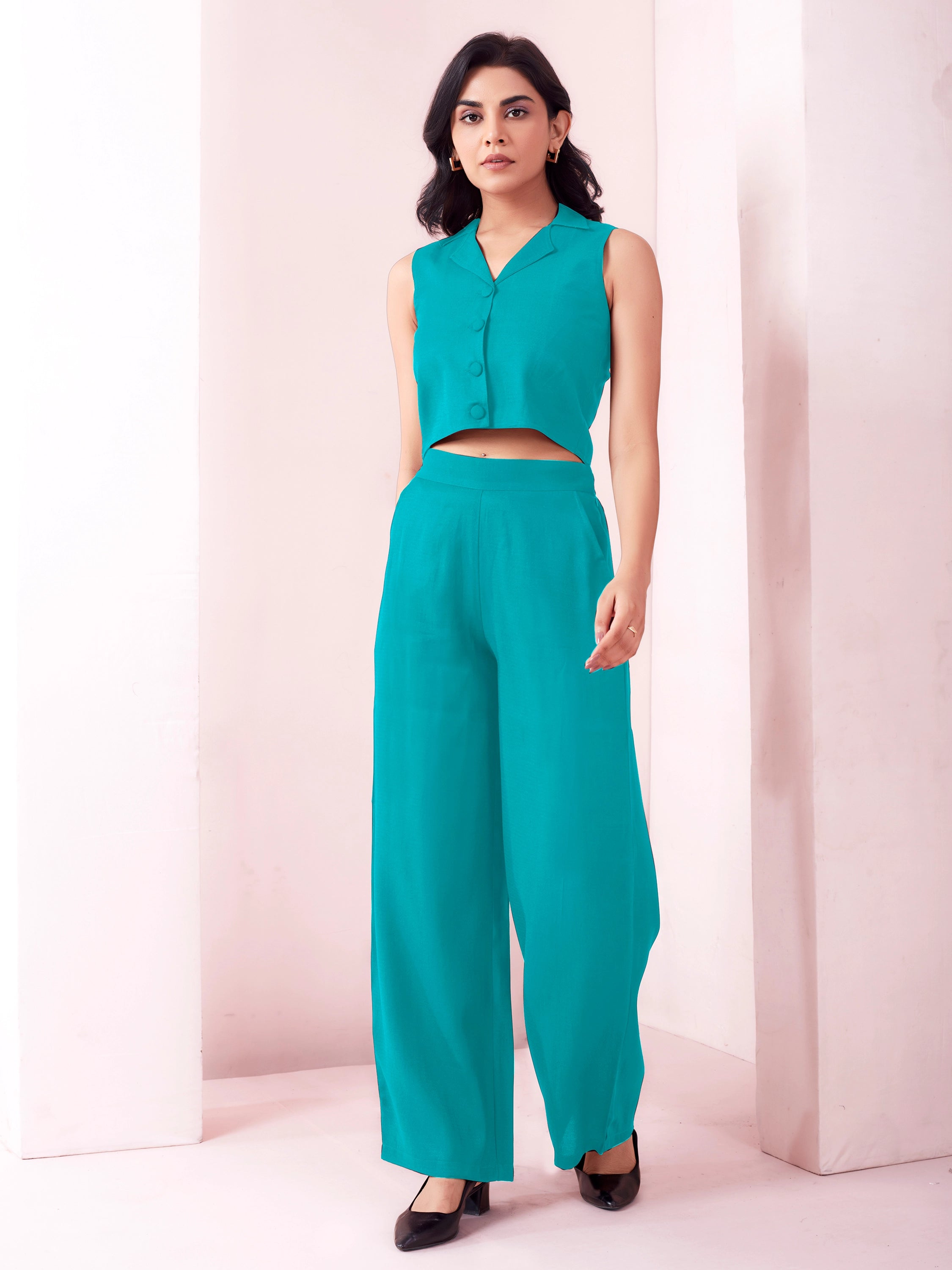 Straight Fit Trousers For Women - Teal Blue