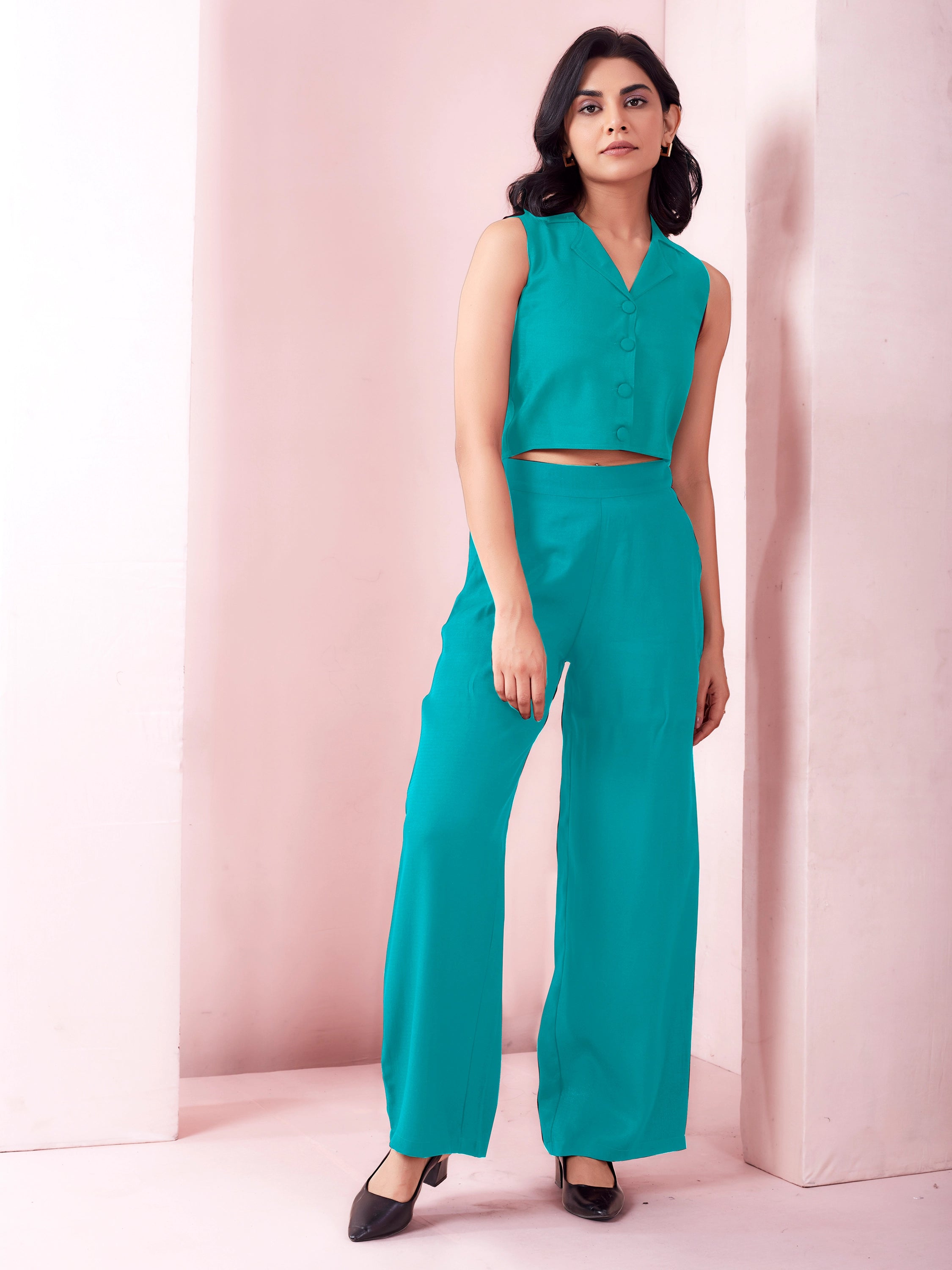 Straight Fit Trousers For Women - Teal Blue