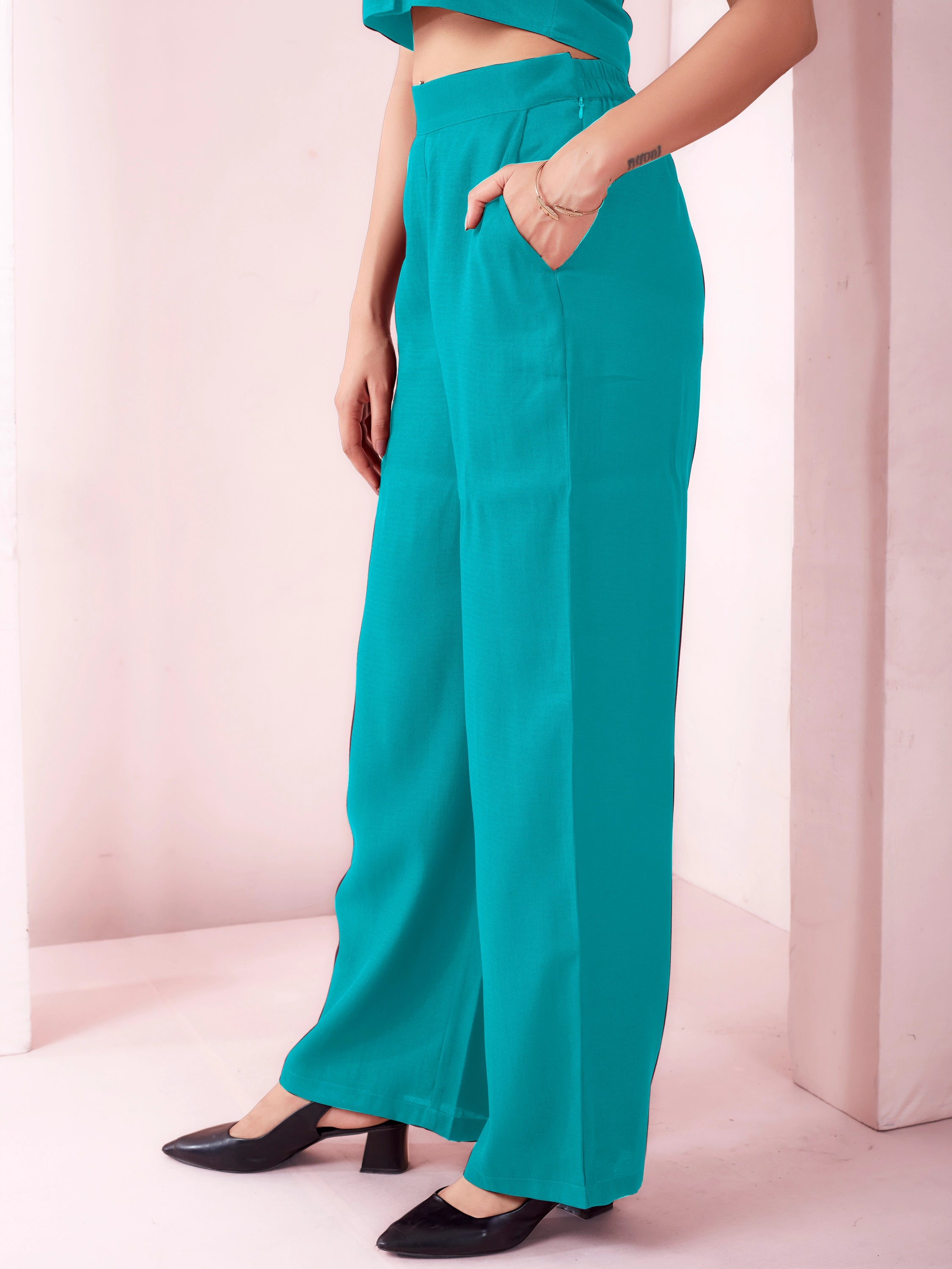 Straight Fit Trousers For Women - Teal Blue