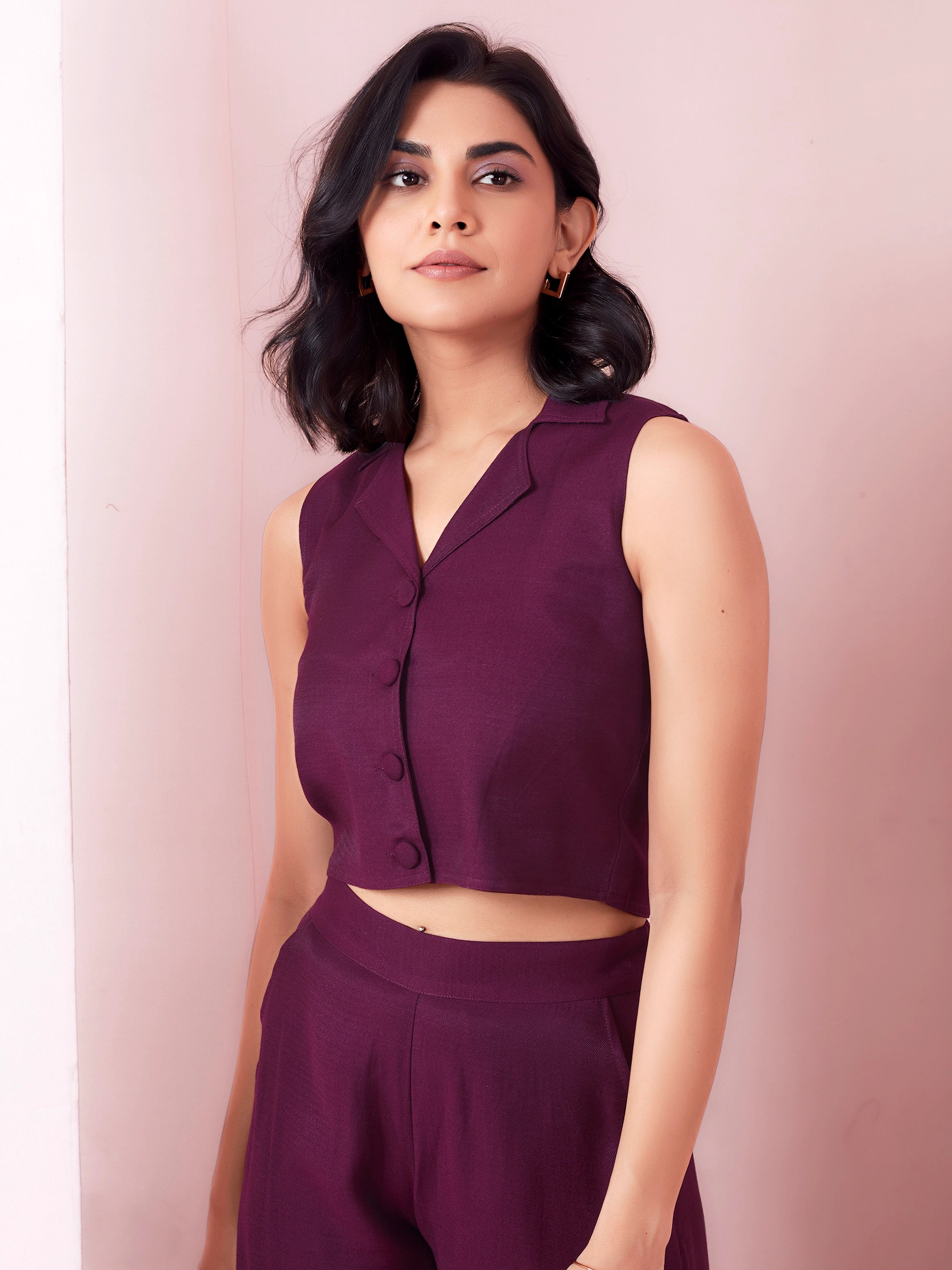 Lapel Neck Formal Wear Top - Berry Wine