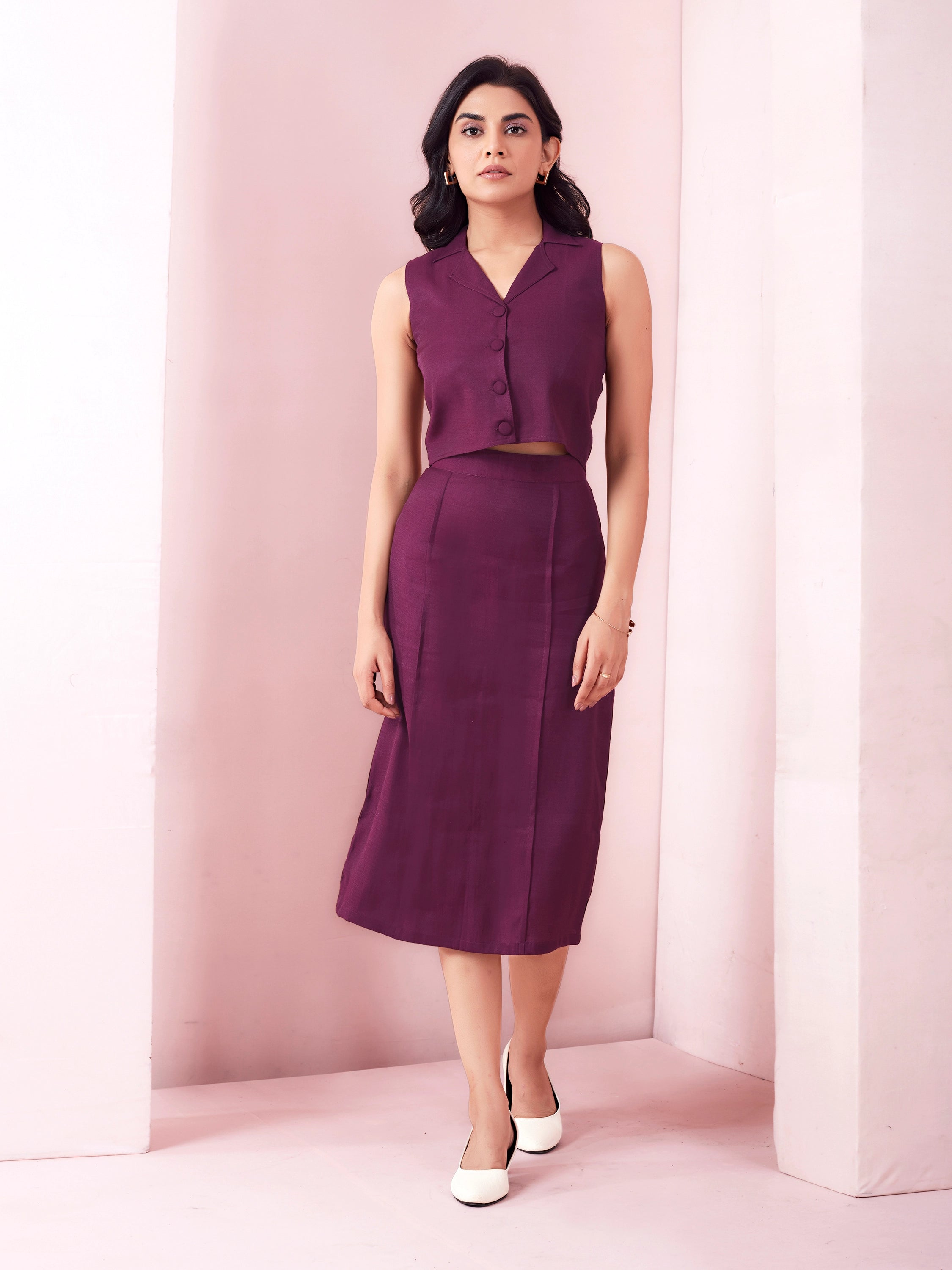 Office Wear Midi Skirt And Lapel Neck Top - Berry Wine