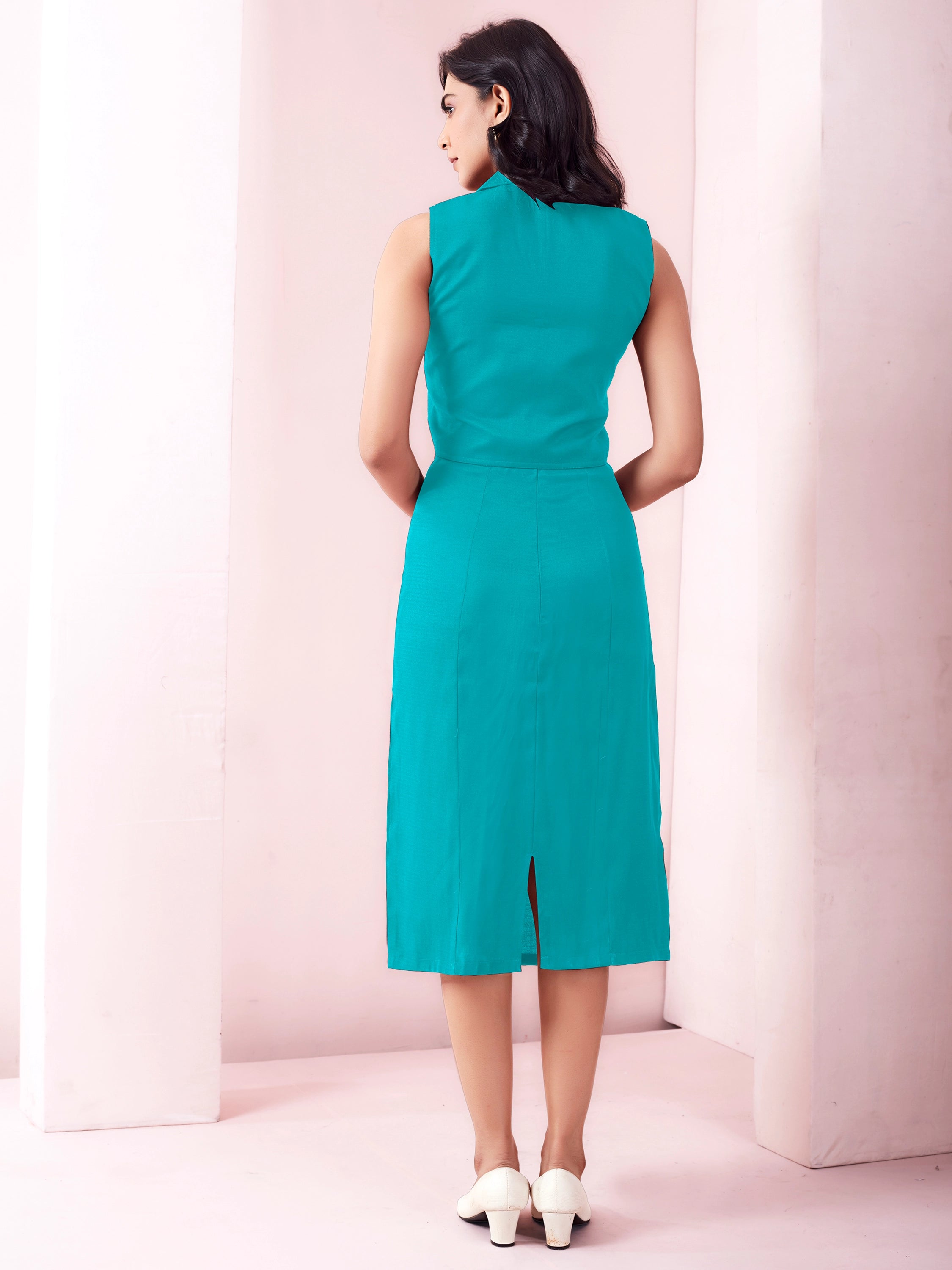 High Waisted Midi Pencil Skirt For Women - Teal Blue