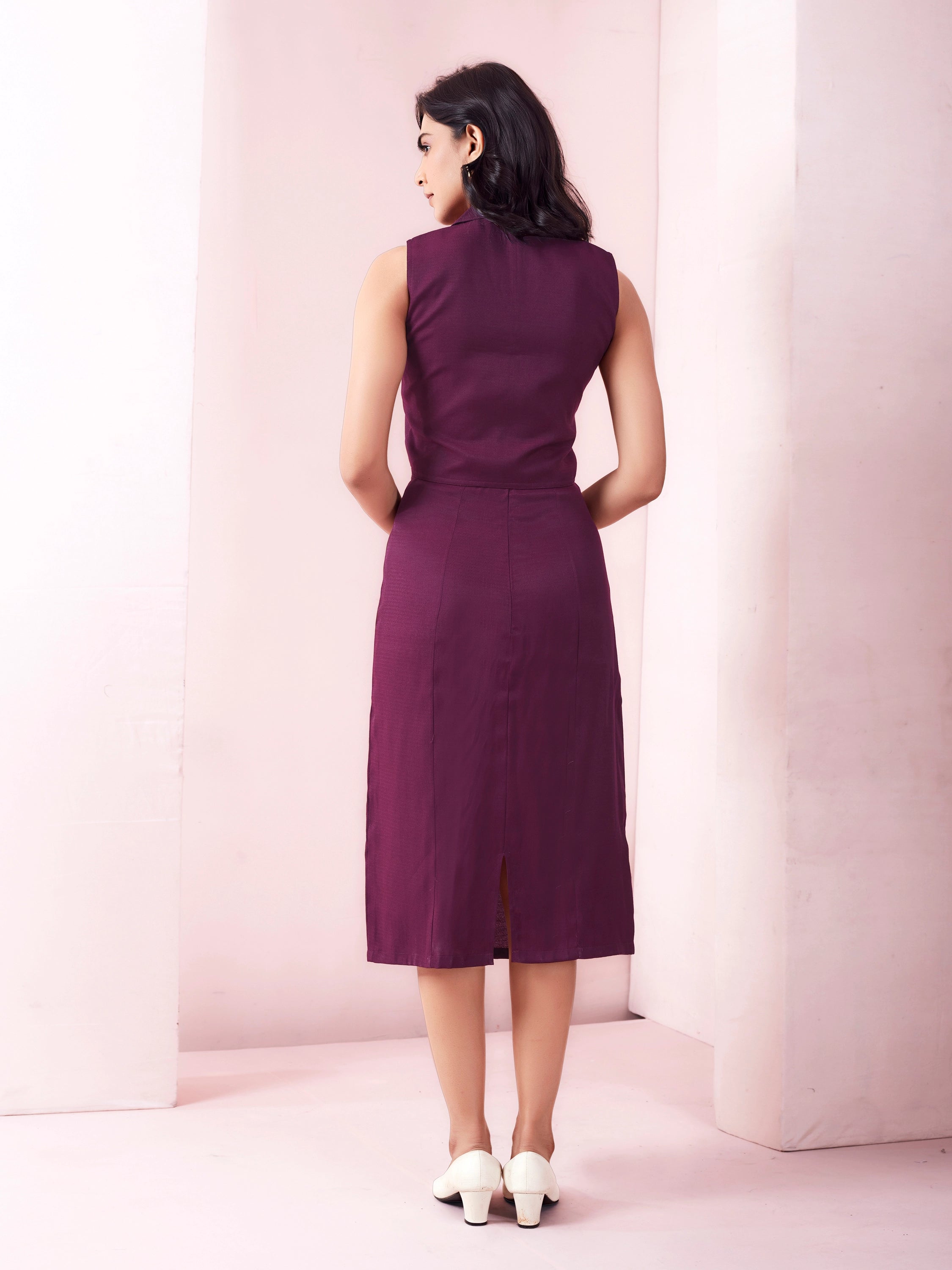 Office Wear Midi Skirt And Lapel Neck Top - Berry Wine