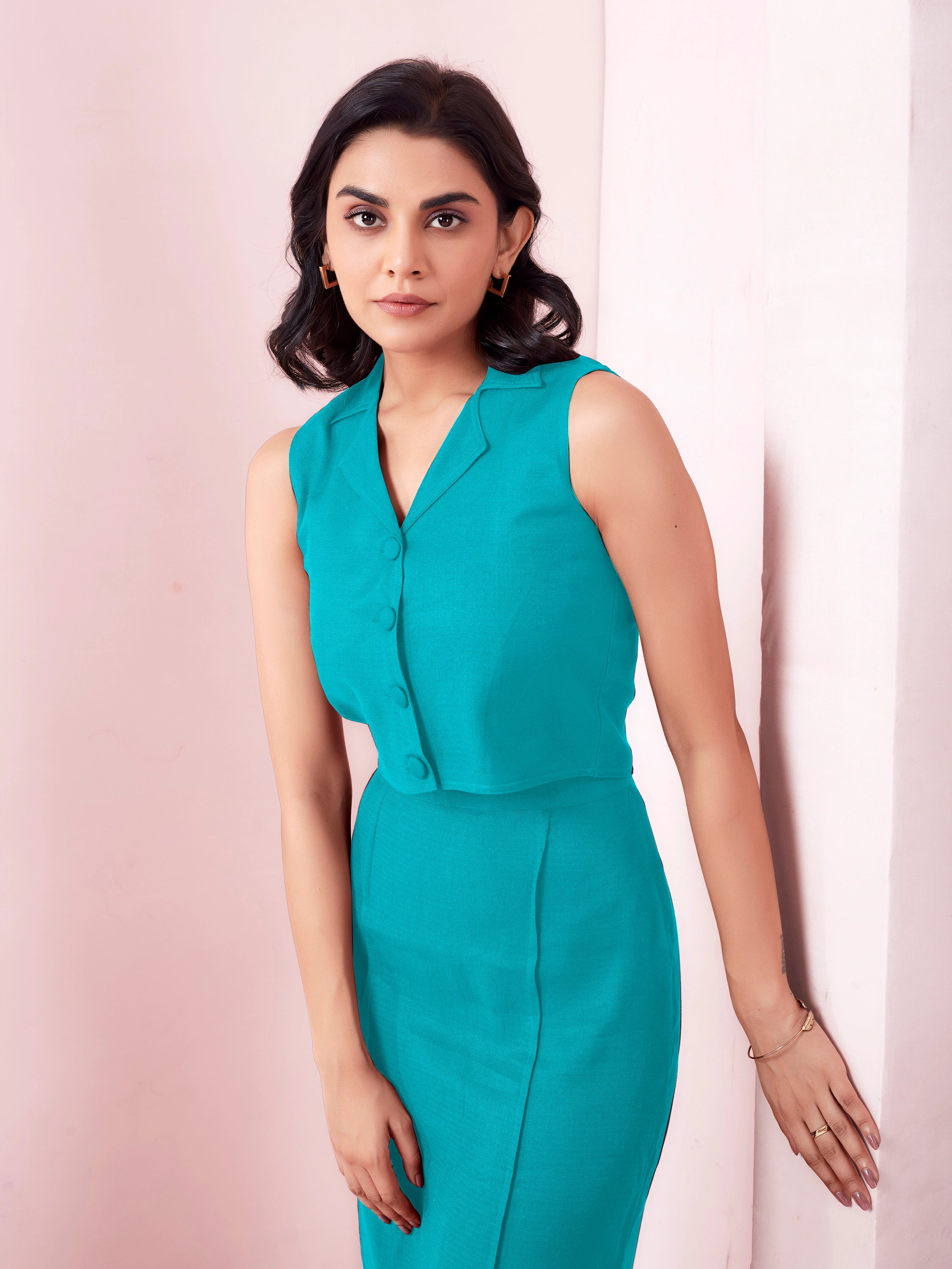 Formal Wear Midi Skirt And Lapel Neck Top - Teal Blue