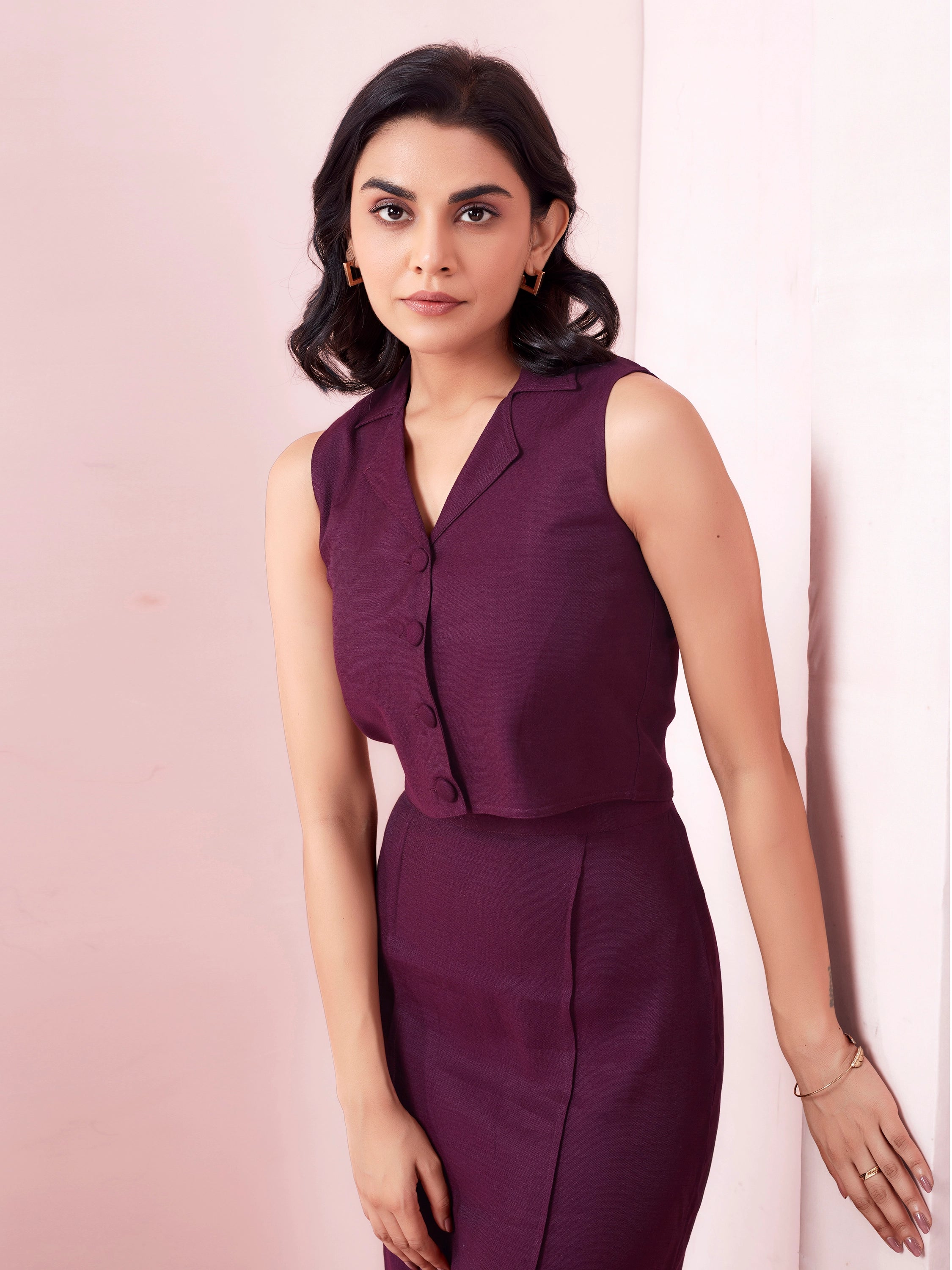 Lapel Neck Formal Wear Top - Berry Wine