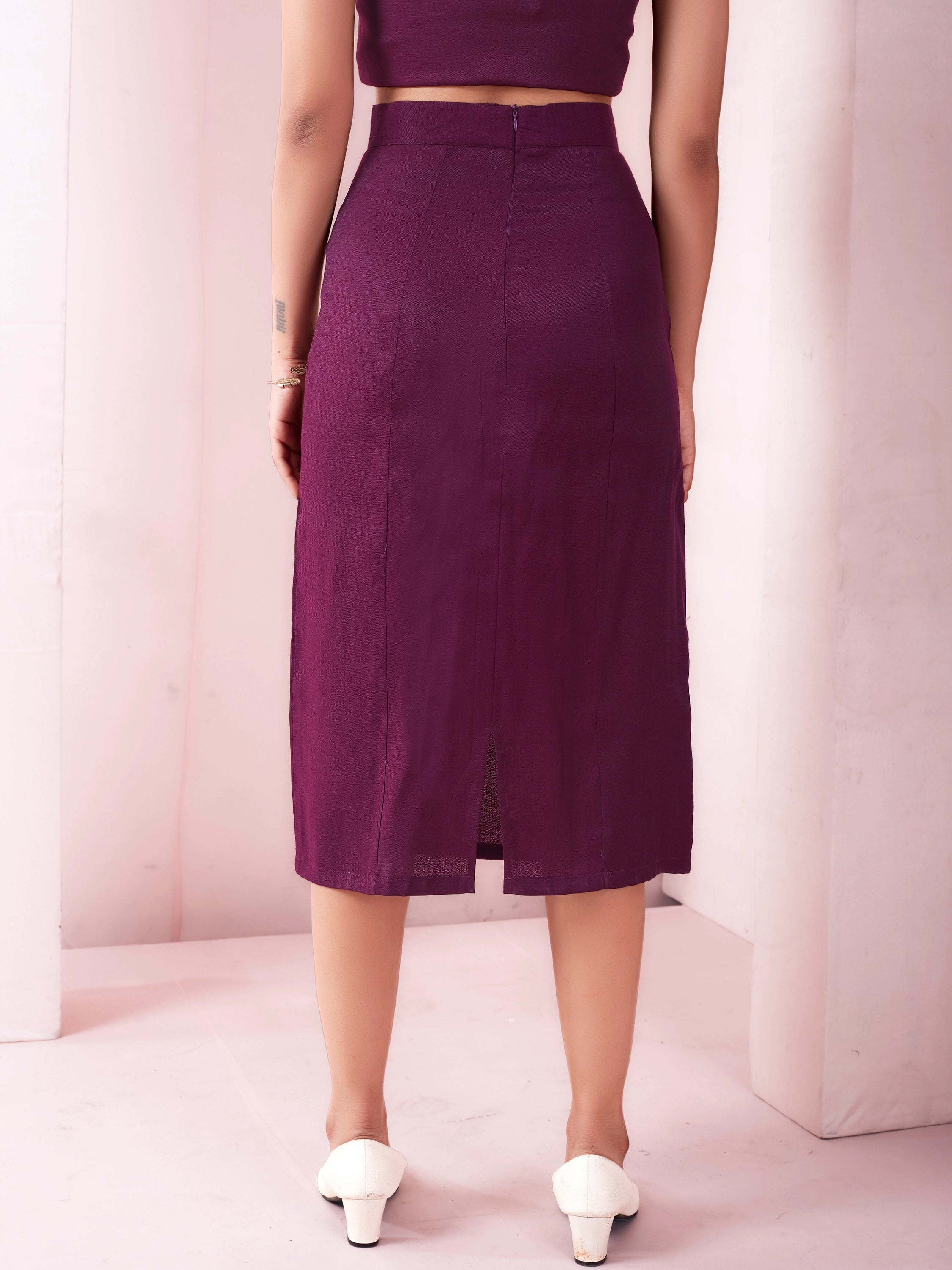 High Waist Woman Midi Pencil Skirt - Berry Wine