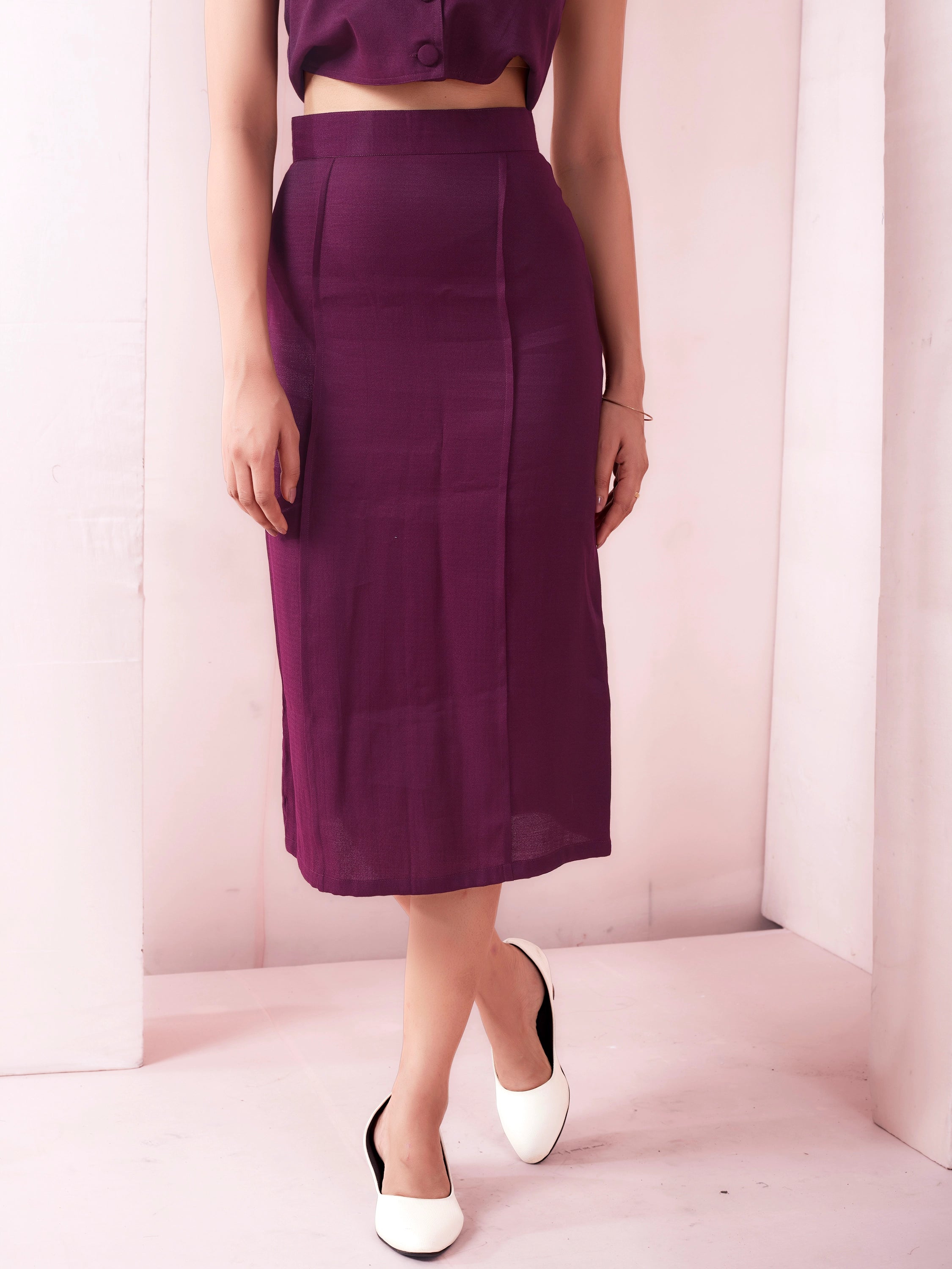 High Waist Woman Midi Pencil Skirt - Berry Wine