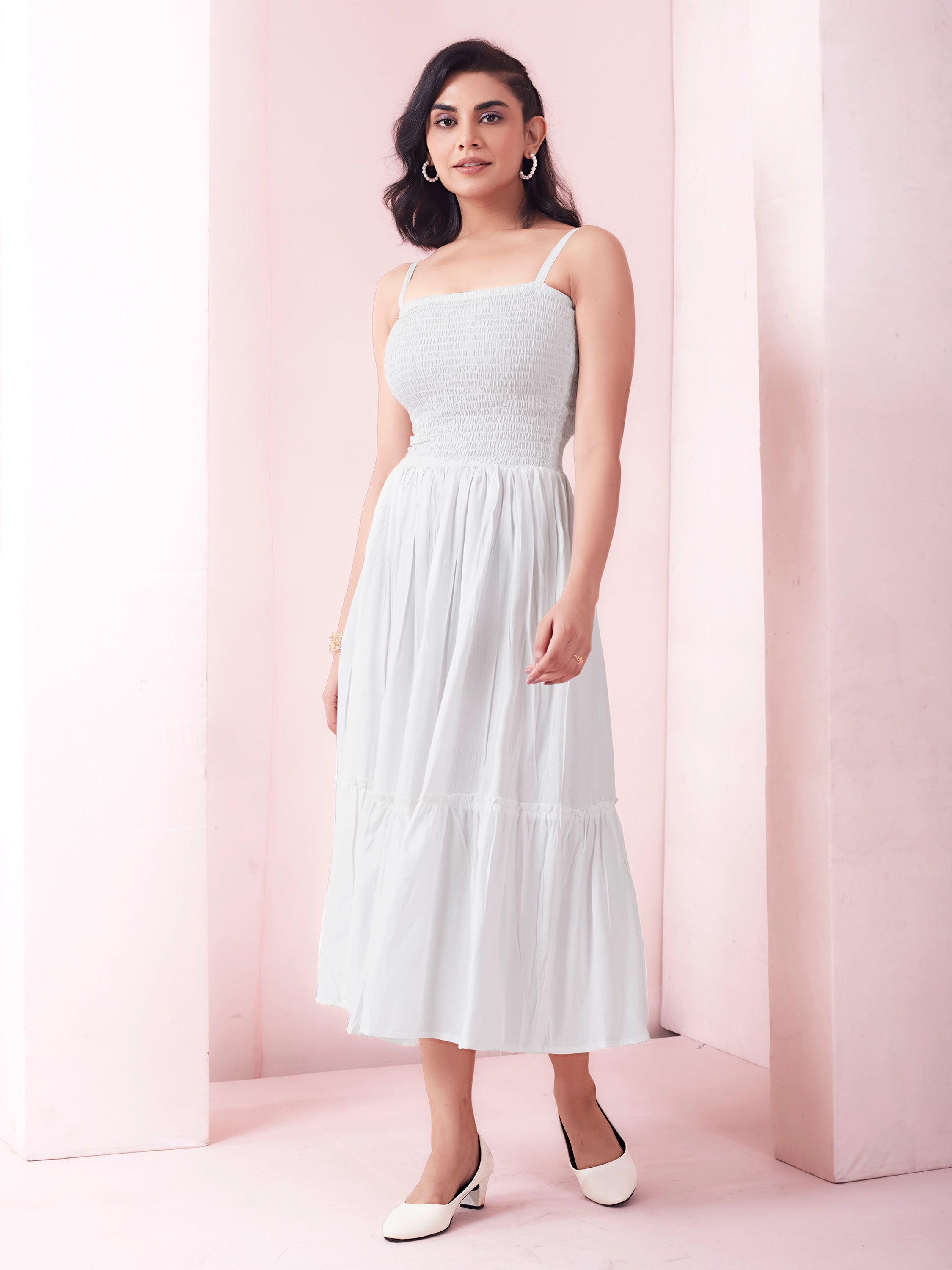 Solid White A-Line Smocked Maxi Dress