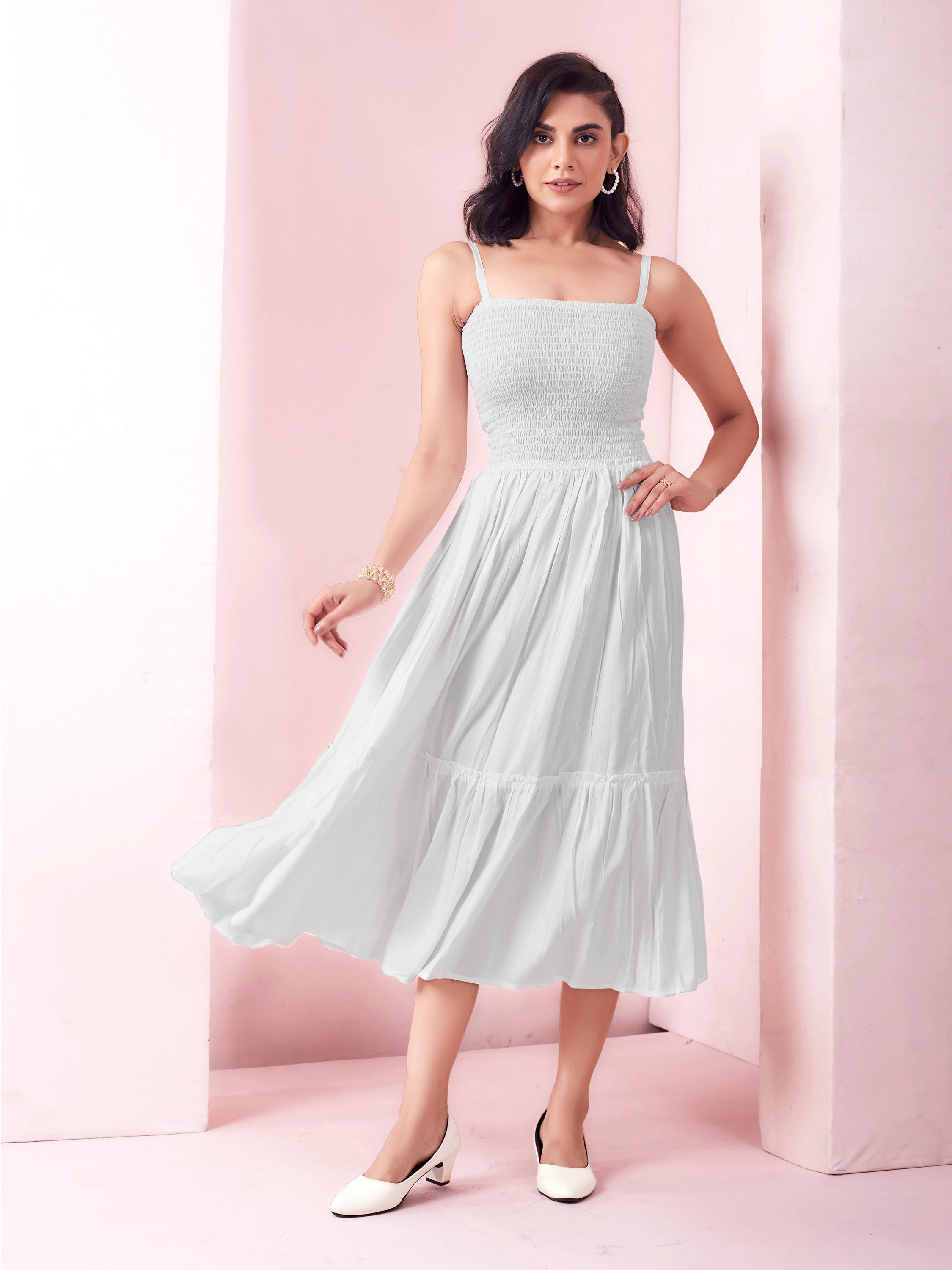 Solid White A-Line Smocked Maxi Dress