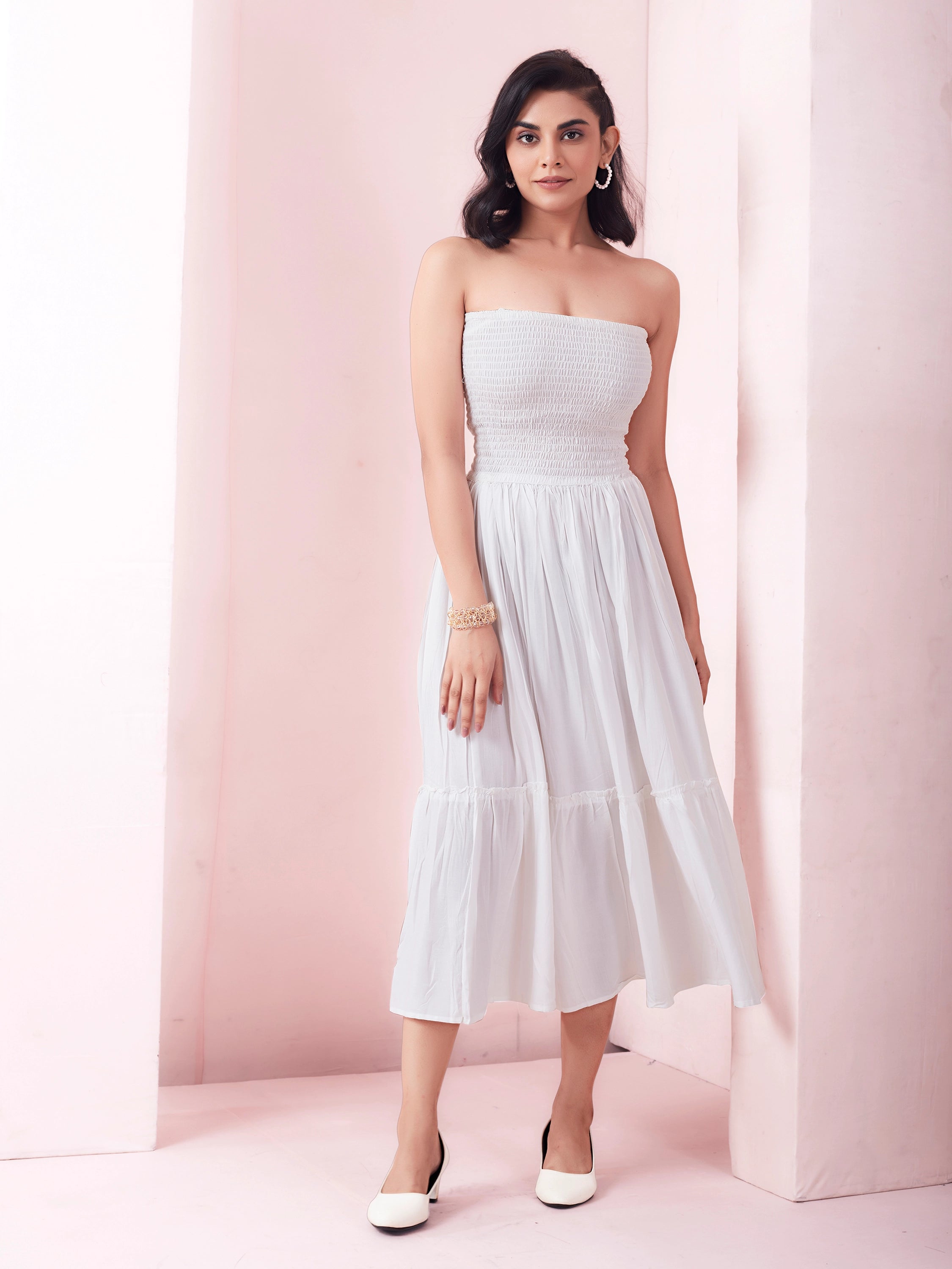 Solid White A-Line Smocked Maxi Dress