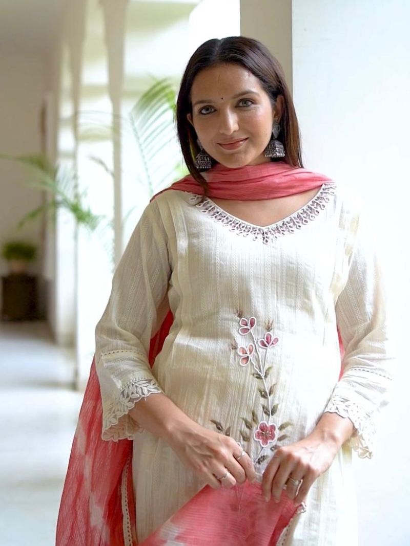 Rose Pink A-Line Schiffli Cotton Suit With Handwork