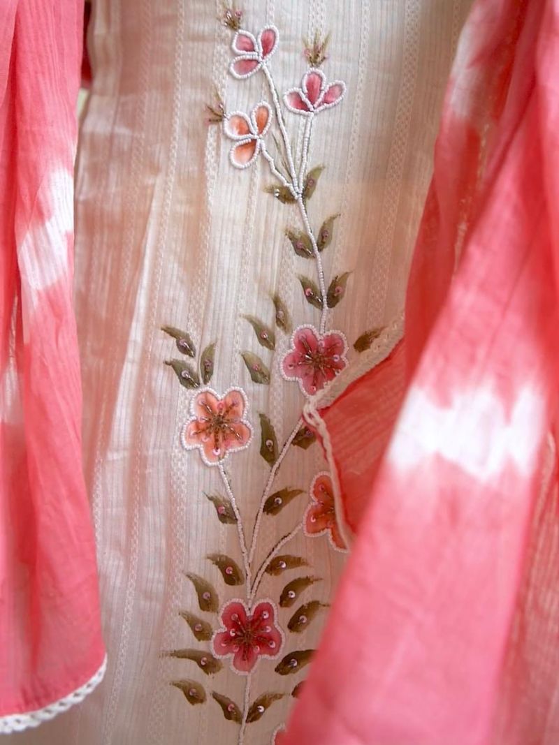 Rose Pink A-Line Schiffli Cotton Suit With Handwork