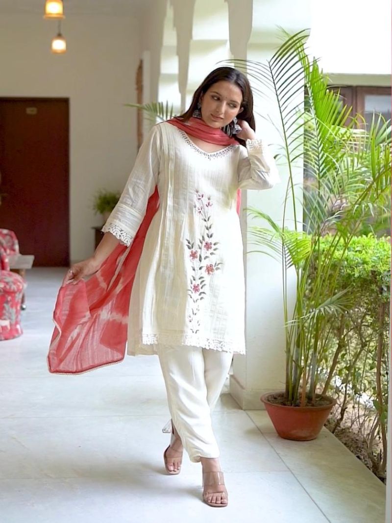 Rose Pink A-Line Schiffli Cotton Suit With Handwork