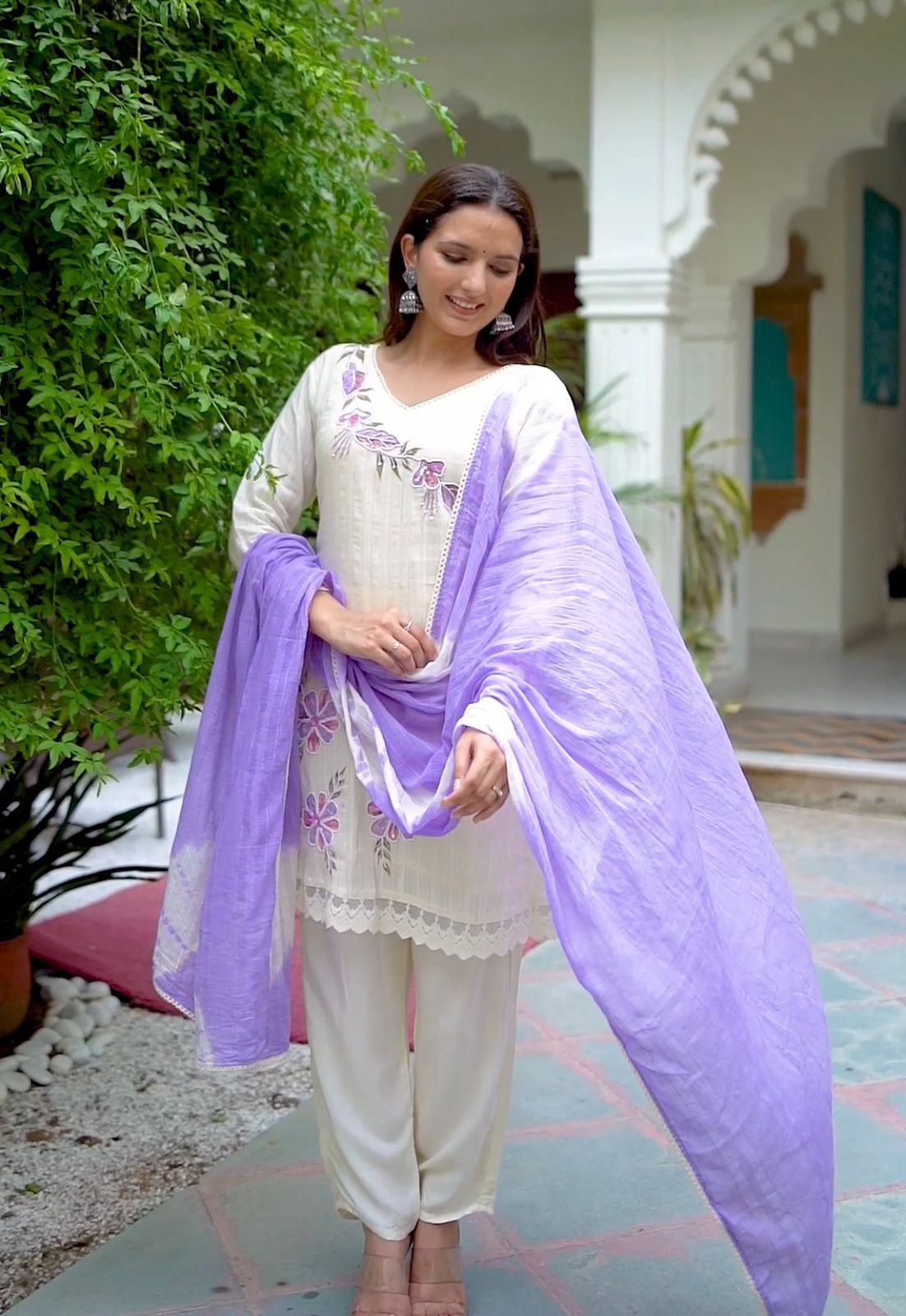 Purple A-Line Schiffli Cotton Suit With Handwork