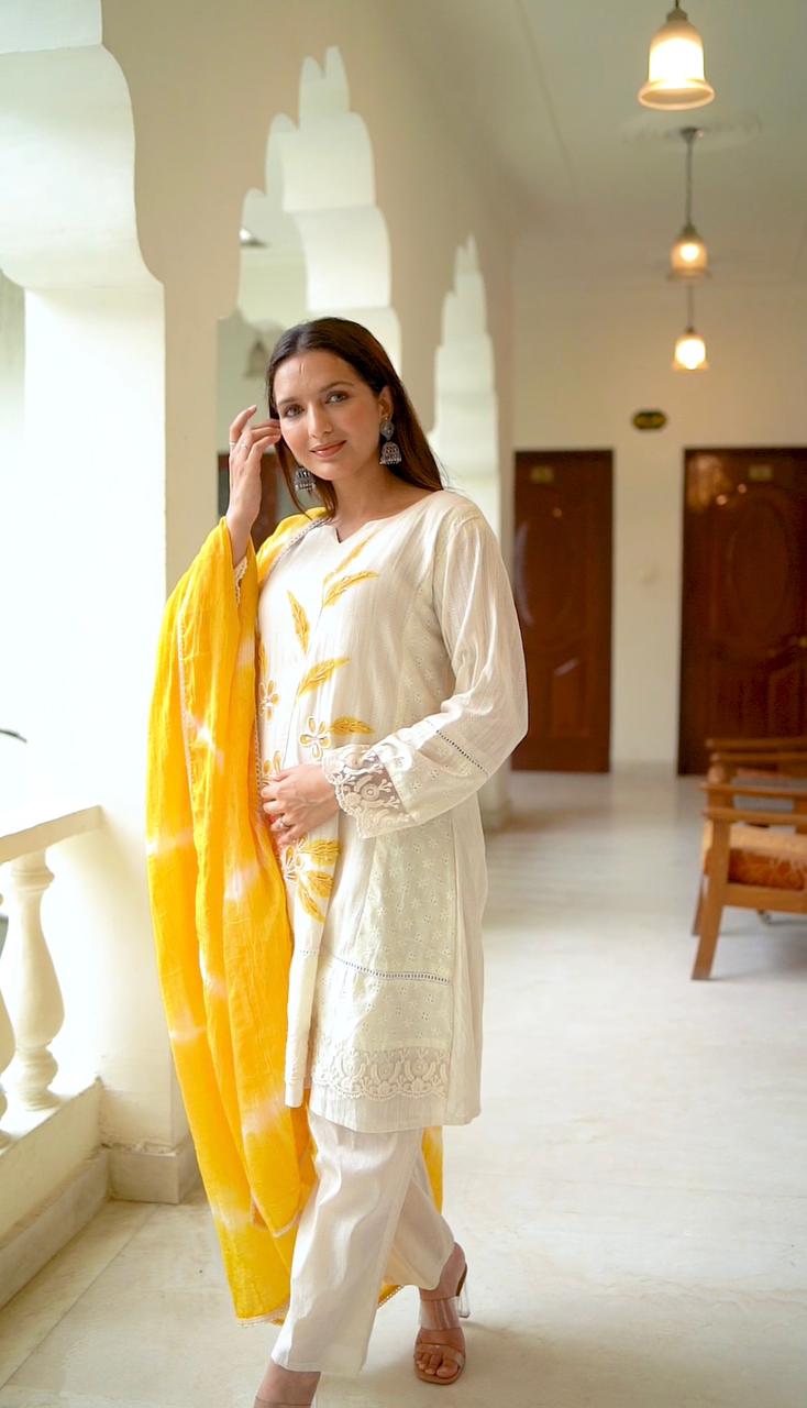 Yellow A-Line Schiffli Cotton Suit With Pure Handwork