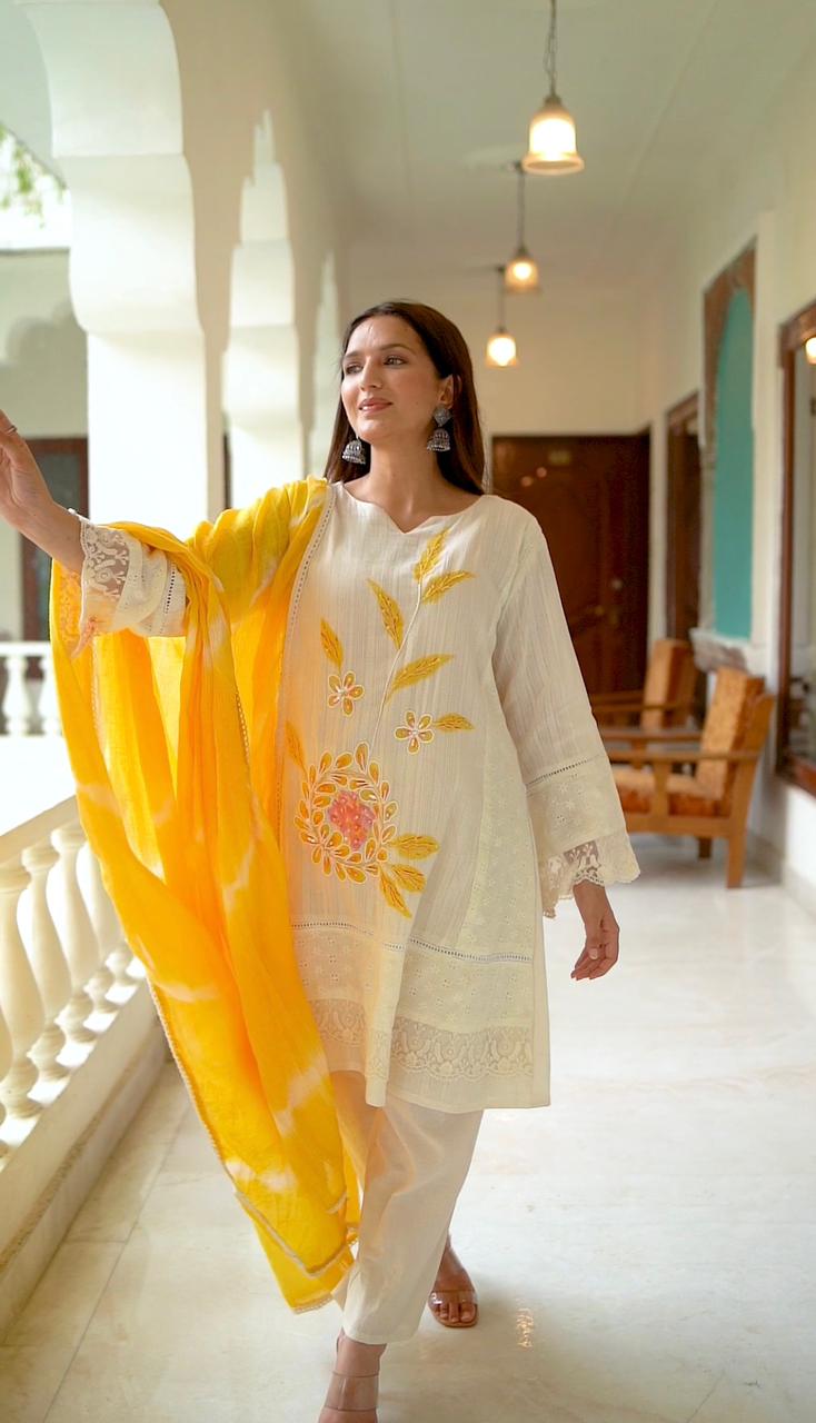 Yellow A-Line Schiffli Cotton Suit With Pure Handwork