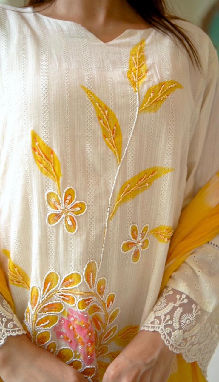 Yellow A-Line Schiffli Cotton Suit With Pure Handwork