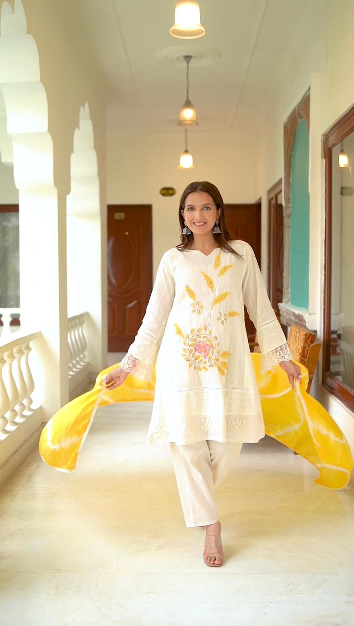 Yellow A-Line Schiffli Cotton Suit With Pure Handwork